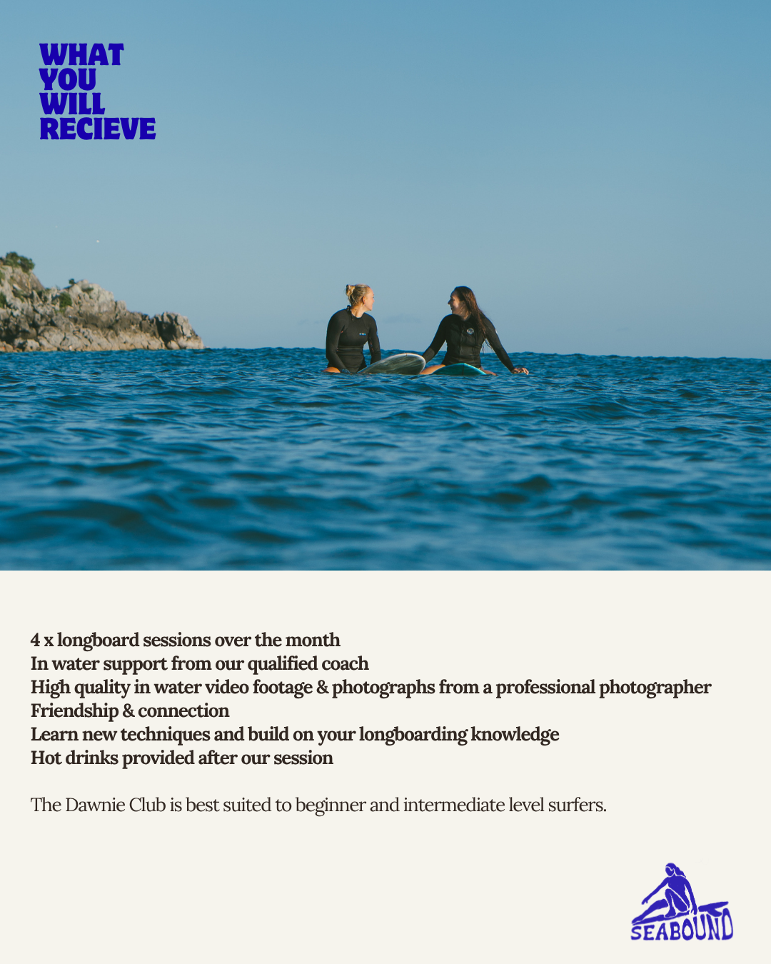 Two surfers sit on longboards in calm blue ocean waters during a Seabound surf coaching session.