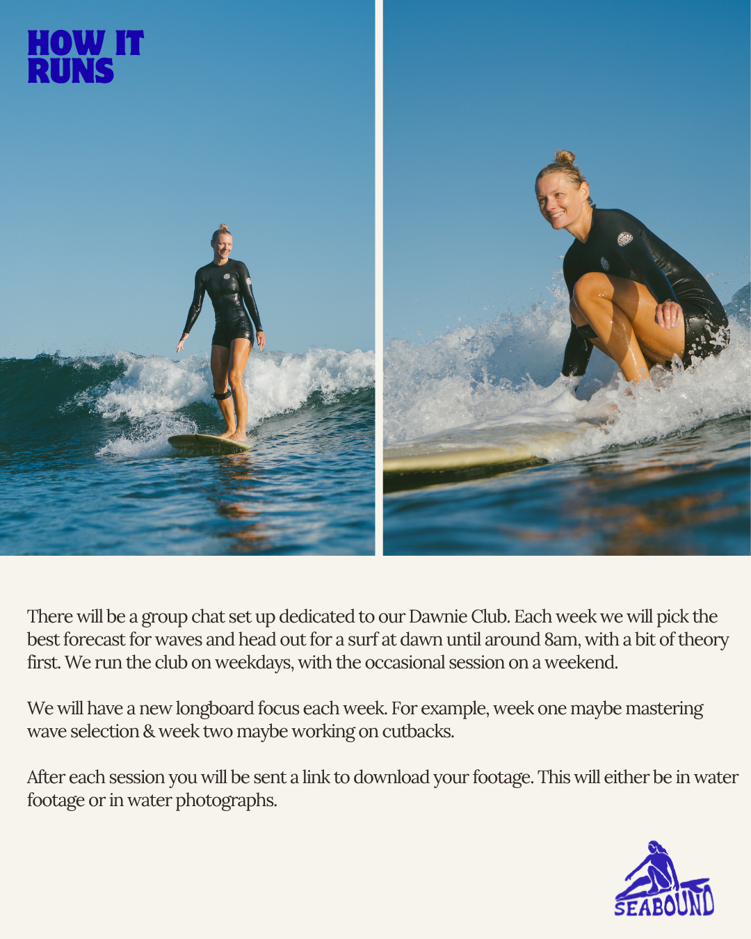 Two surfers riding waves on longboards during a dawn surf session at a Seabound Dawnie Club lesson.