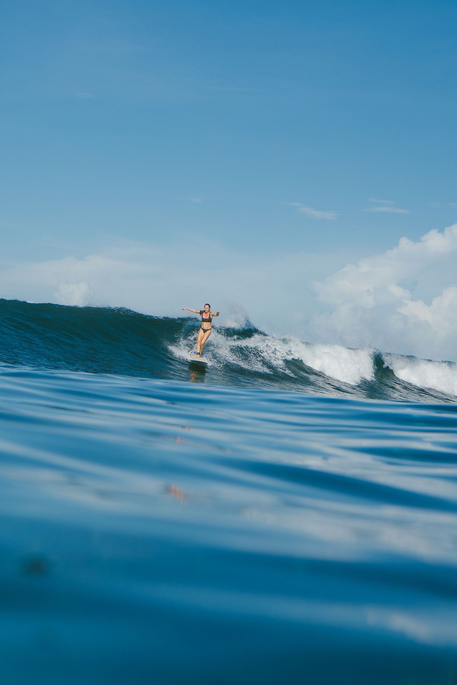 Surfer rides a perfect blue wave in tropical waters on a bright sunny day, captured in a sequence of action shots.