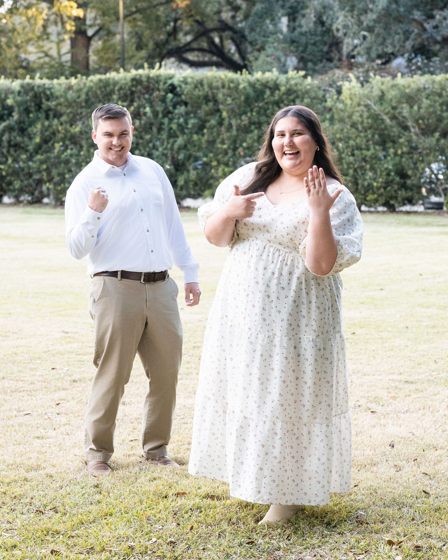 A playful sequence of outdoor engagement photos showing a couple in a white dress and khakis having fun in a park setting.
