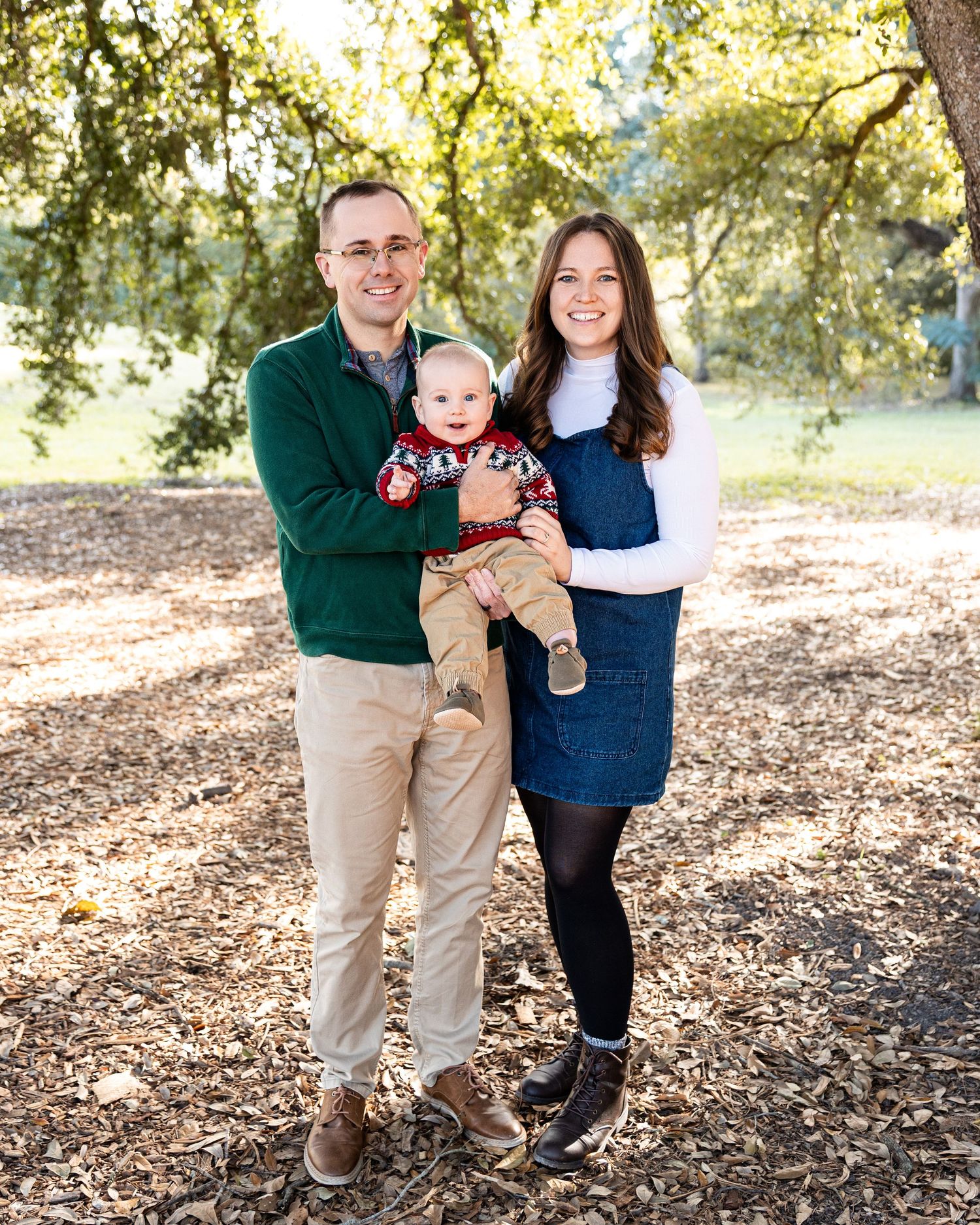 A series of candid outdoor family photos taken in a wooded area with fallen leaves.