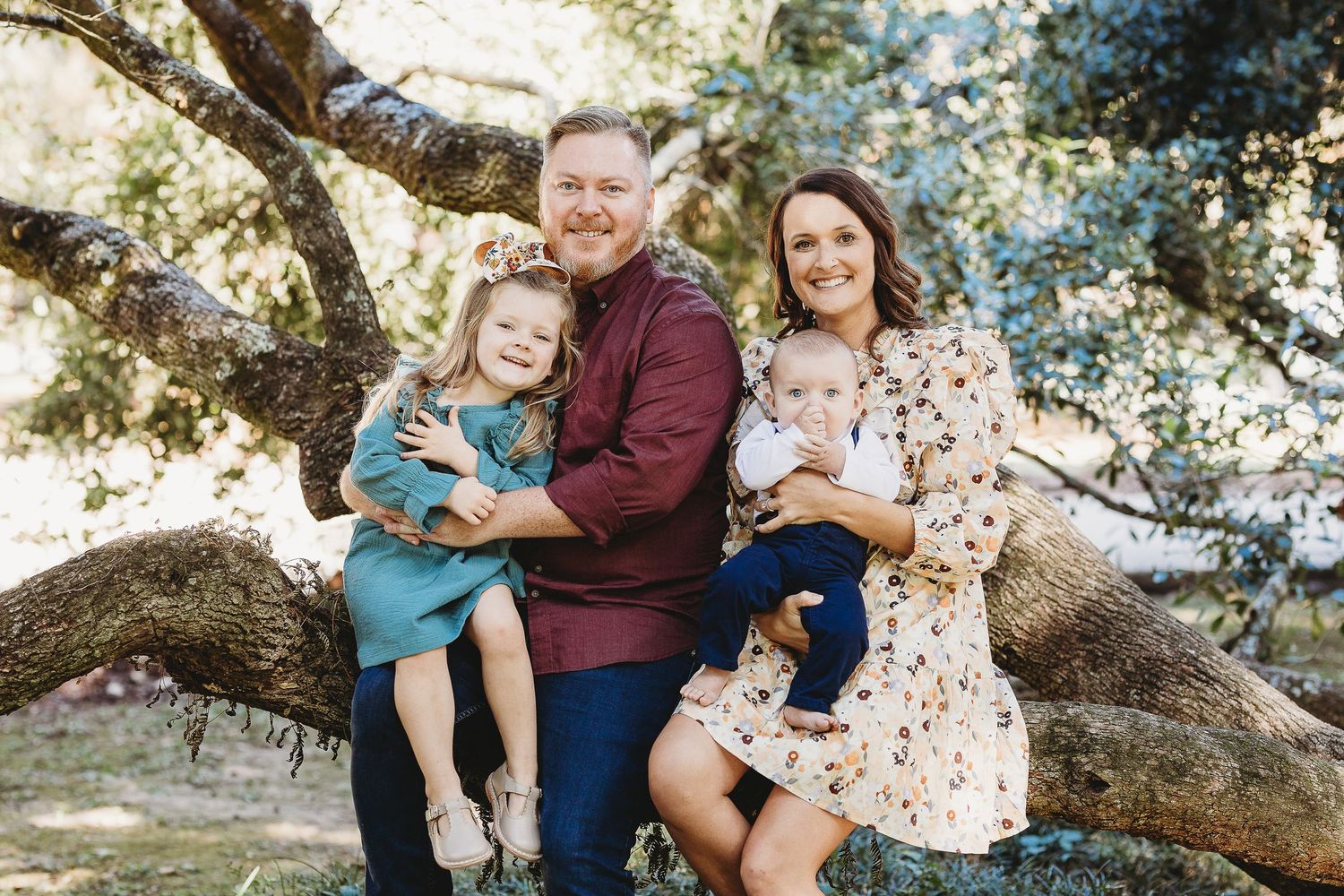 A family poses together on a large tree branch during an outdoor photo session.