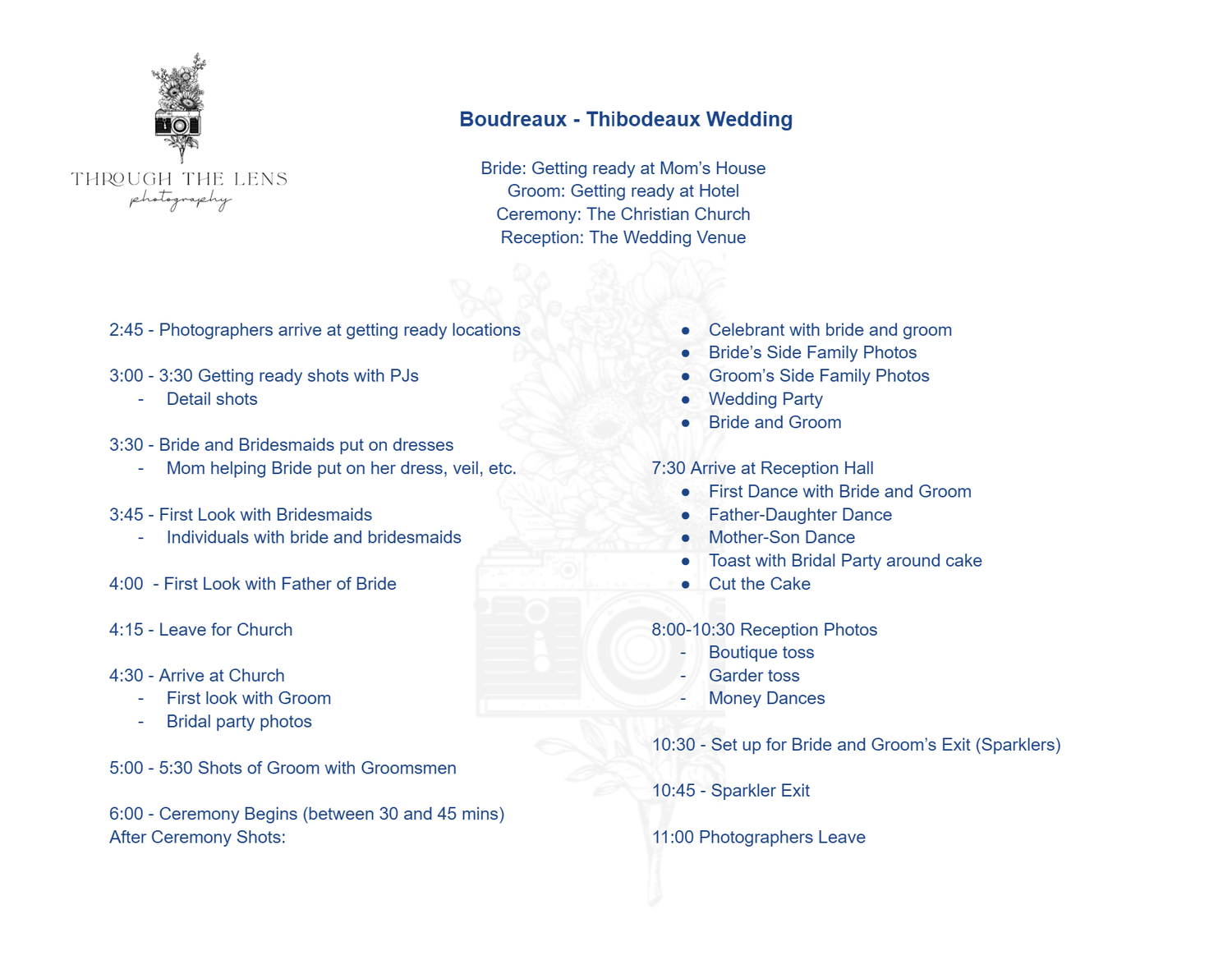 Detailed wedding day timeline schedule printed on white paper.