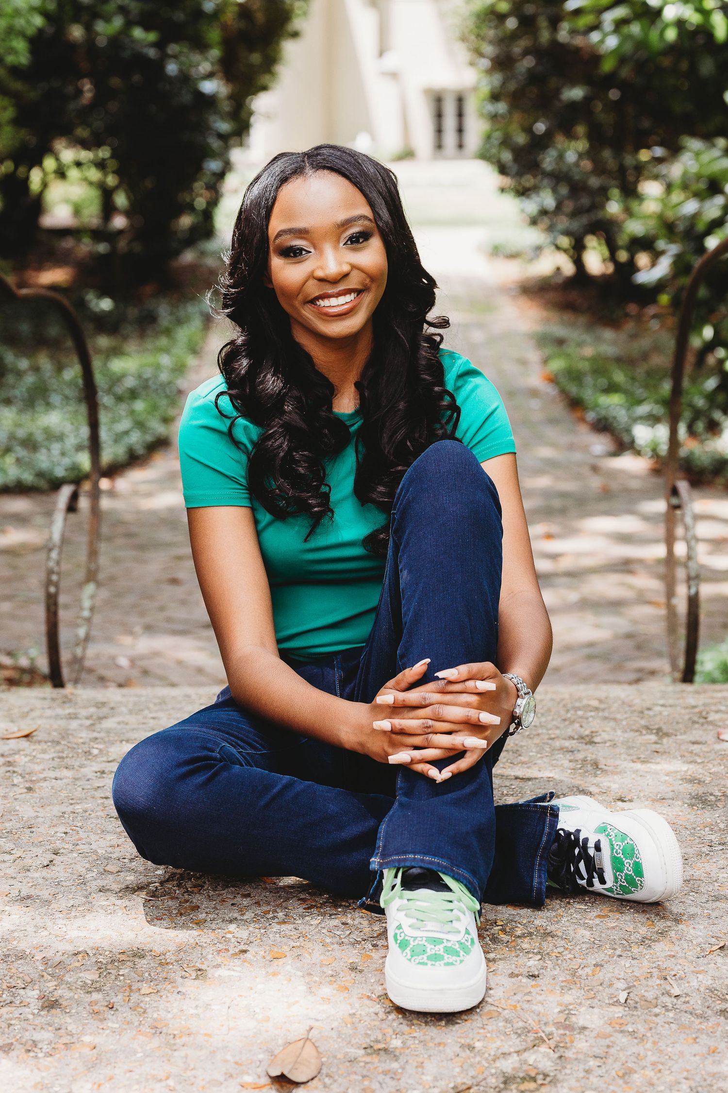 Candid outdoor portraits showing mint green sneakers and comfortable casual wear.