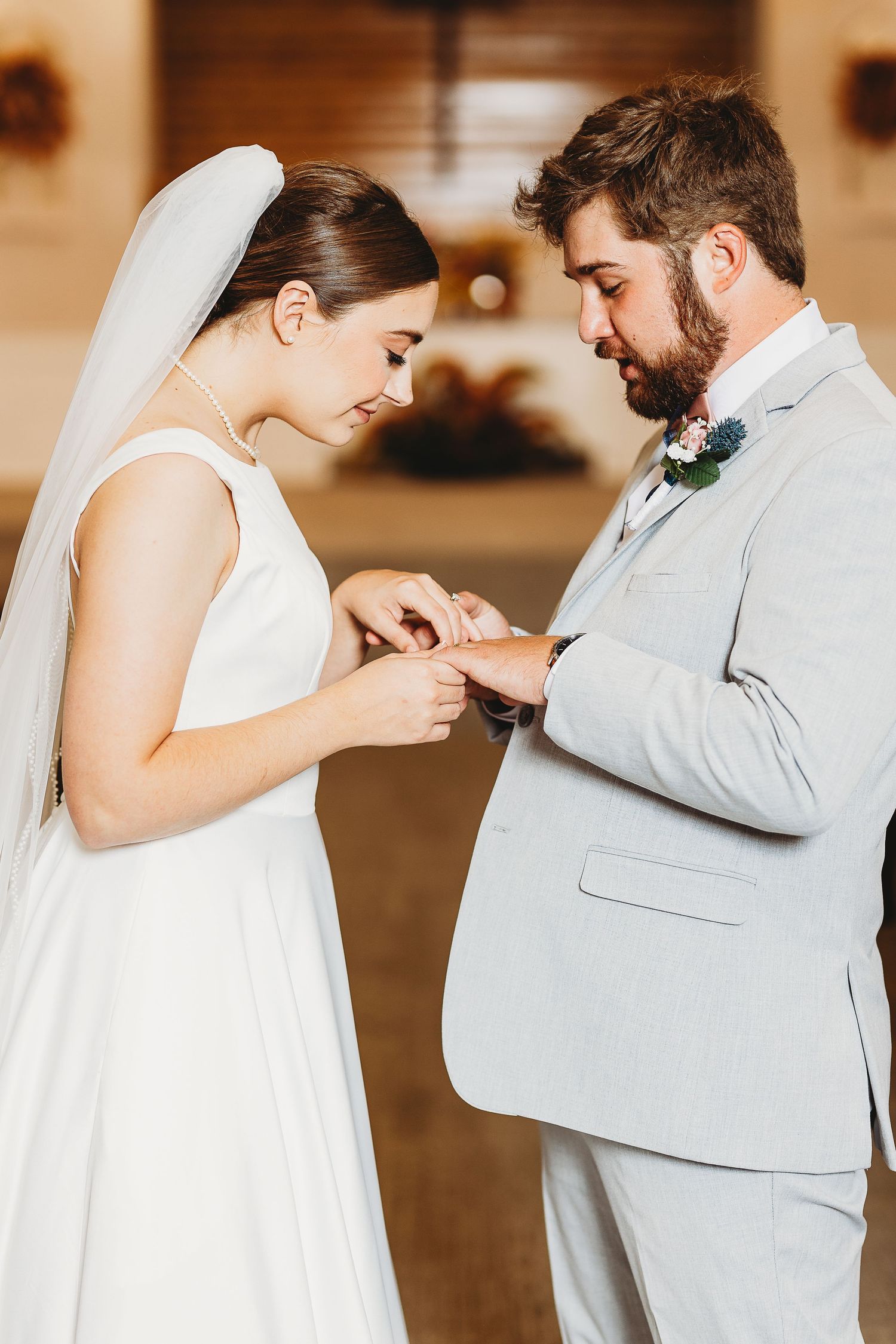 Series of intimate wedding portraits showing tender moments between a couple in formal attire.