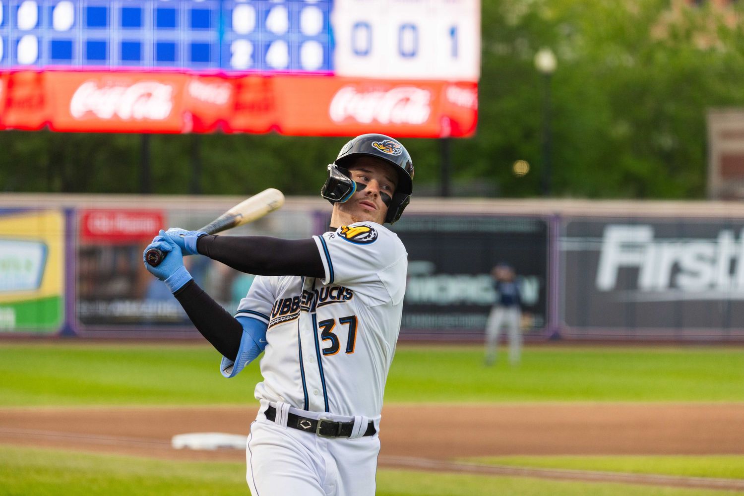 Travis Bazzana batting for the Akron Rubber Ducks, photographed by Mal McCrea Photo