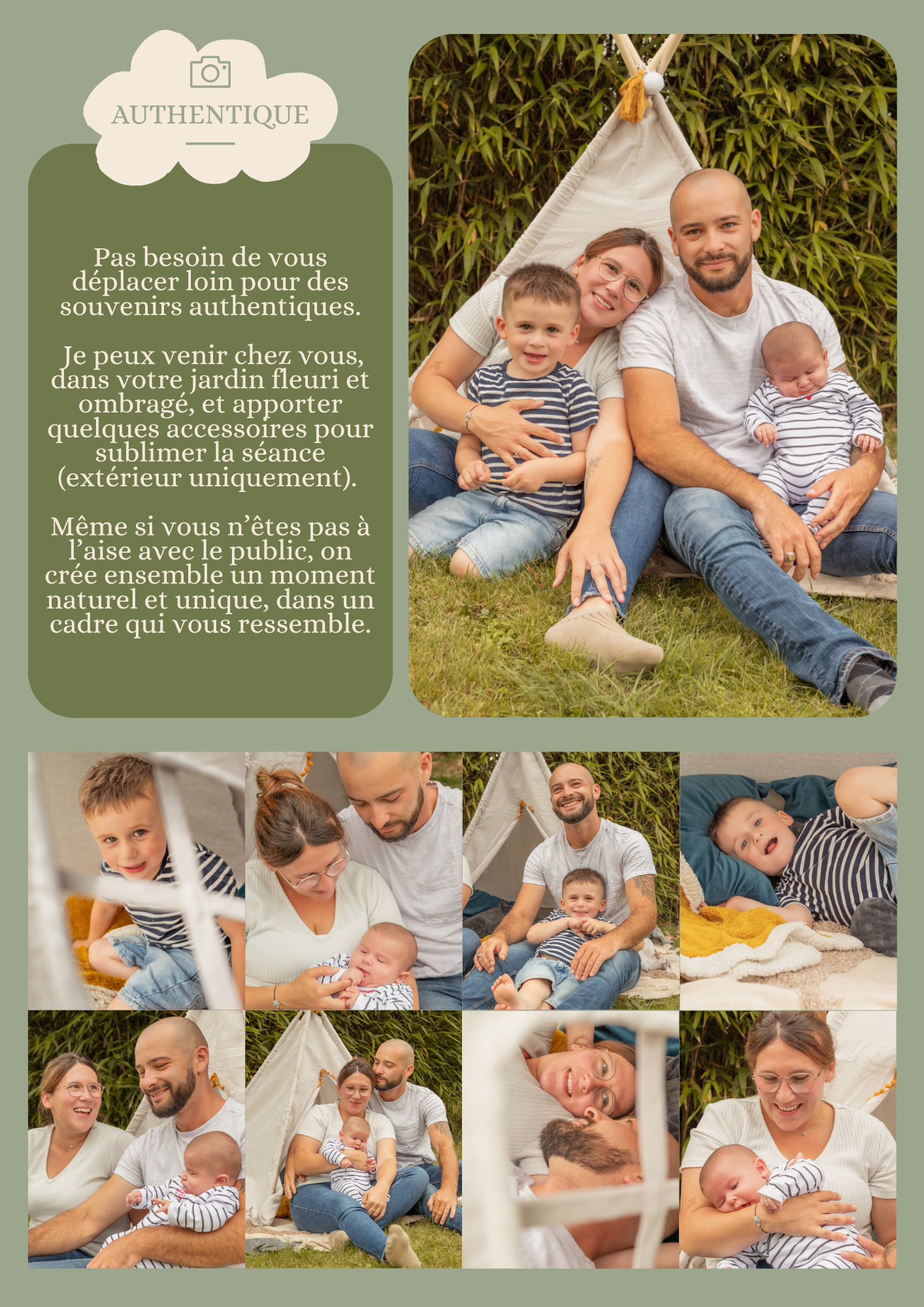 Séance photo famille intimiste dans un joli jardin, ambiance calme et apaisée.