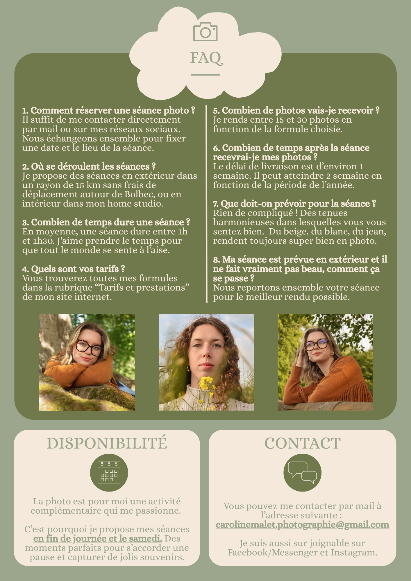 Présentation et FAQ. Bolbec et Alentours. Coordonnées Caroline Malet Photographie.