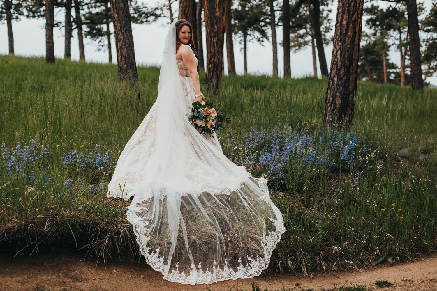 Bride in lace wedding dress with long train standing among wildflowers and pine trees.