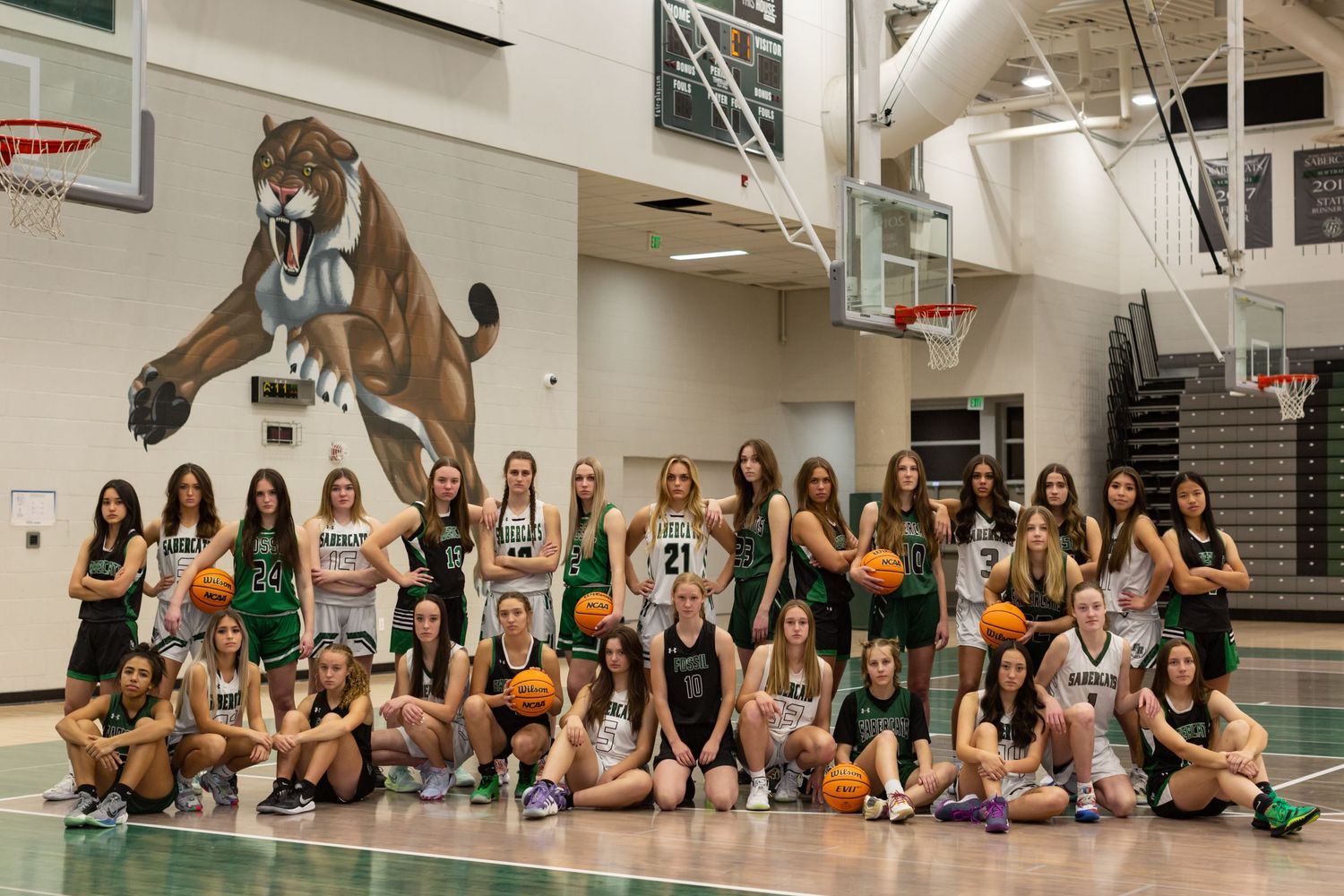 Girls basketball team sitting together for group photo in school gym with mascot mural.