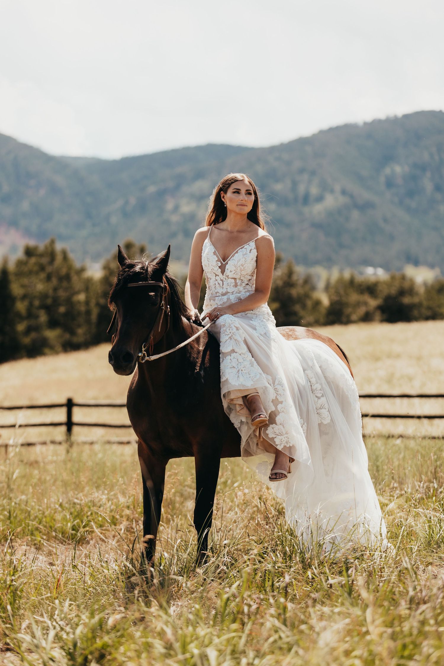 A black horse and rider in flowing white lace dress pose against mountain landscape.