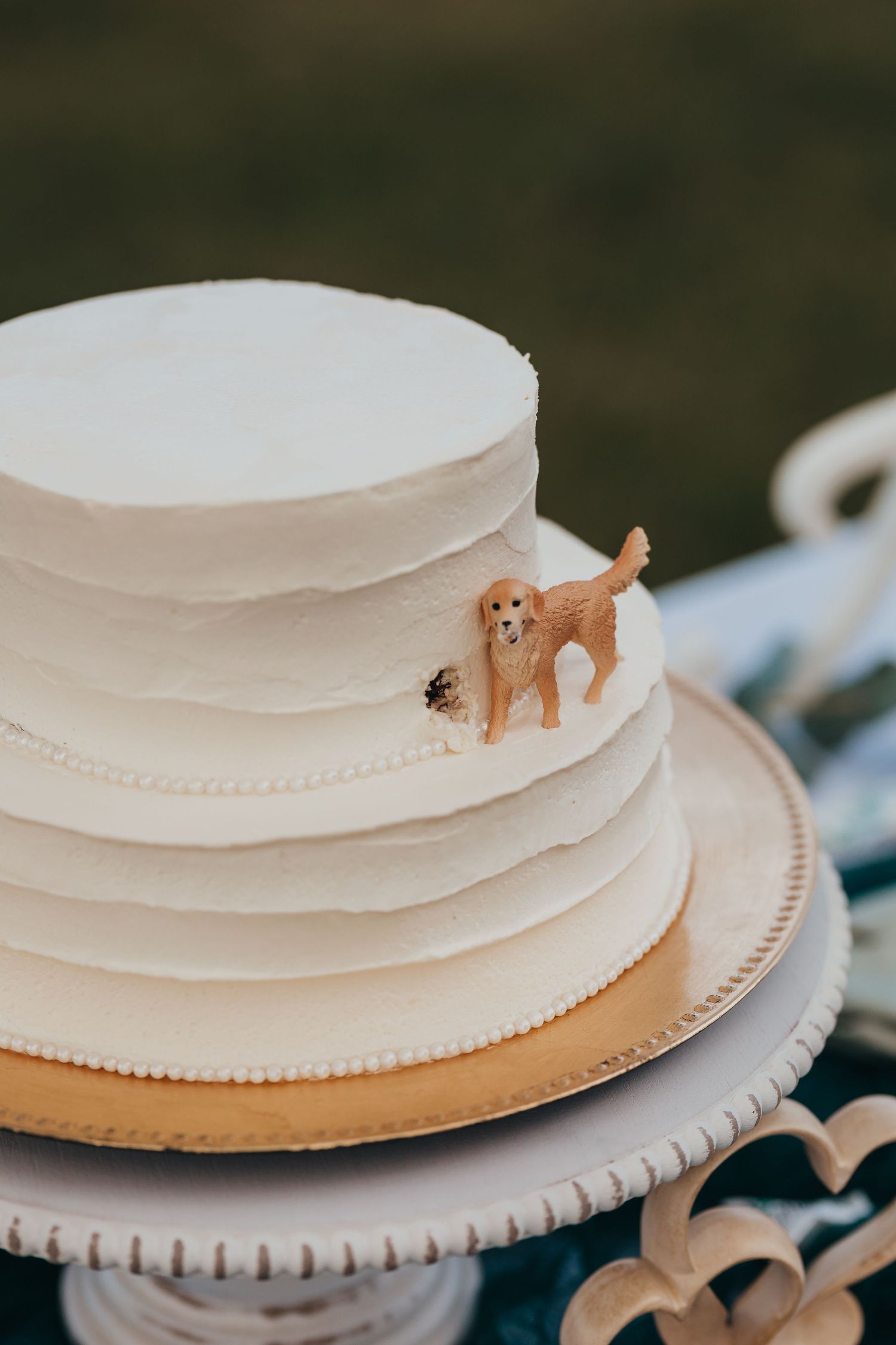 White wedding cake with textured frosting layers features a small brown dog figurine on top for unique decoration.