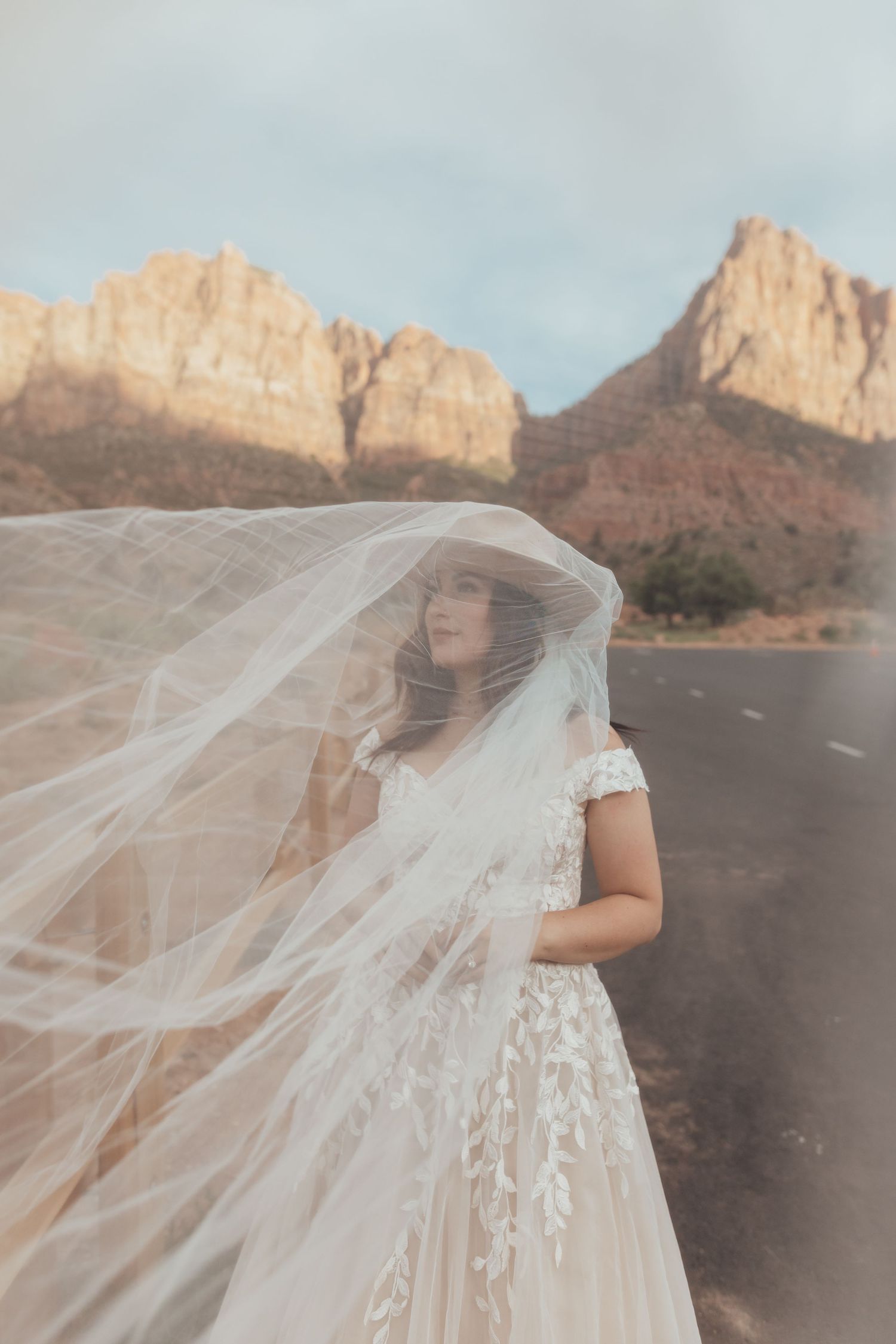 Flowing white veil catches the breeze against towering desert cliffs.