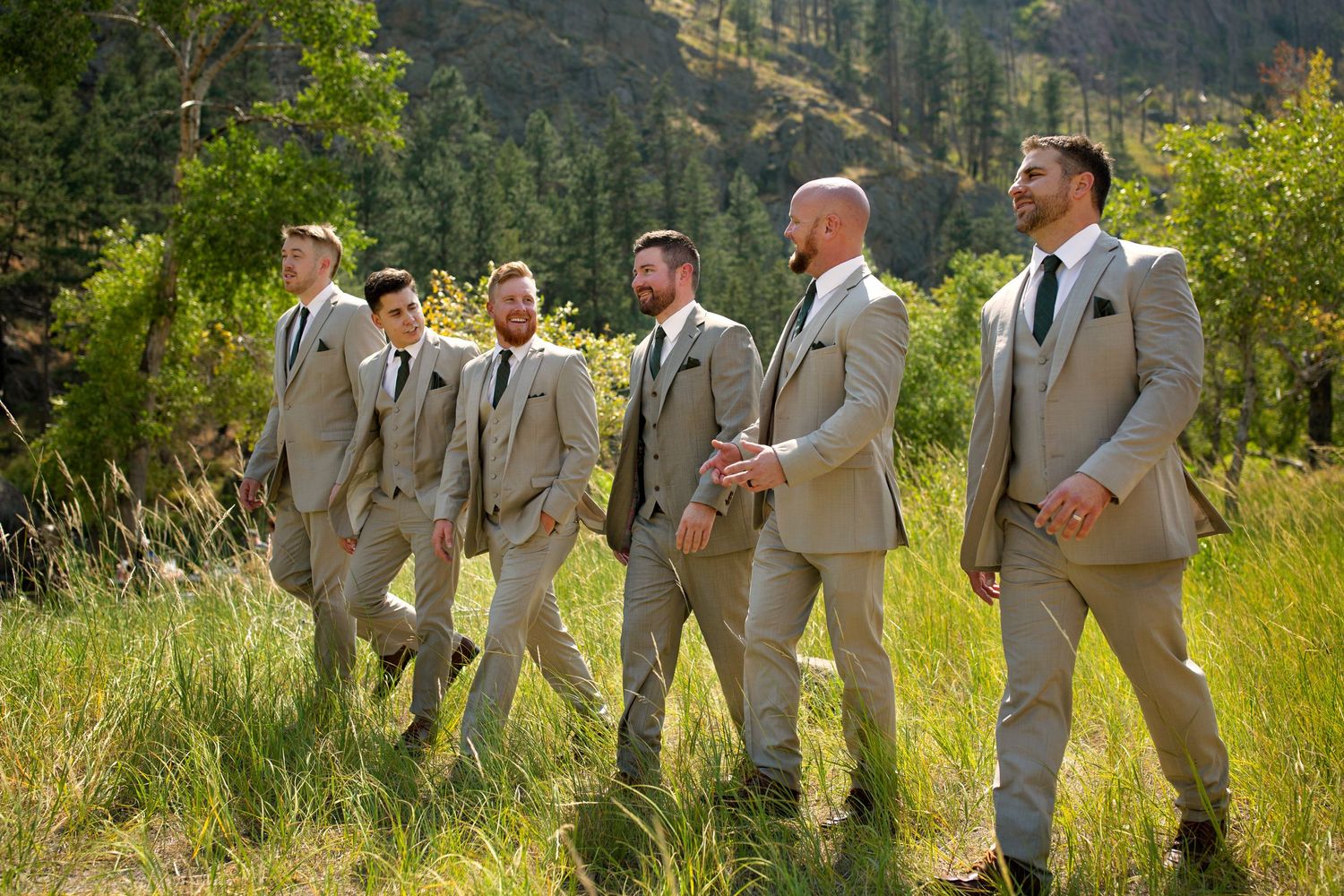 Groomsmen in light gray suits walk together through a sunny mountain meadow with evergreen trees in background.