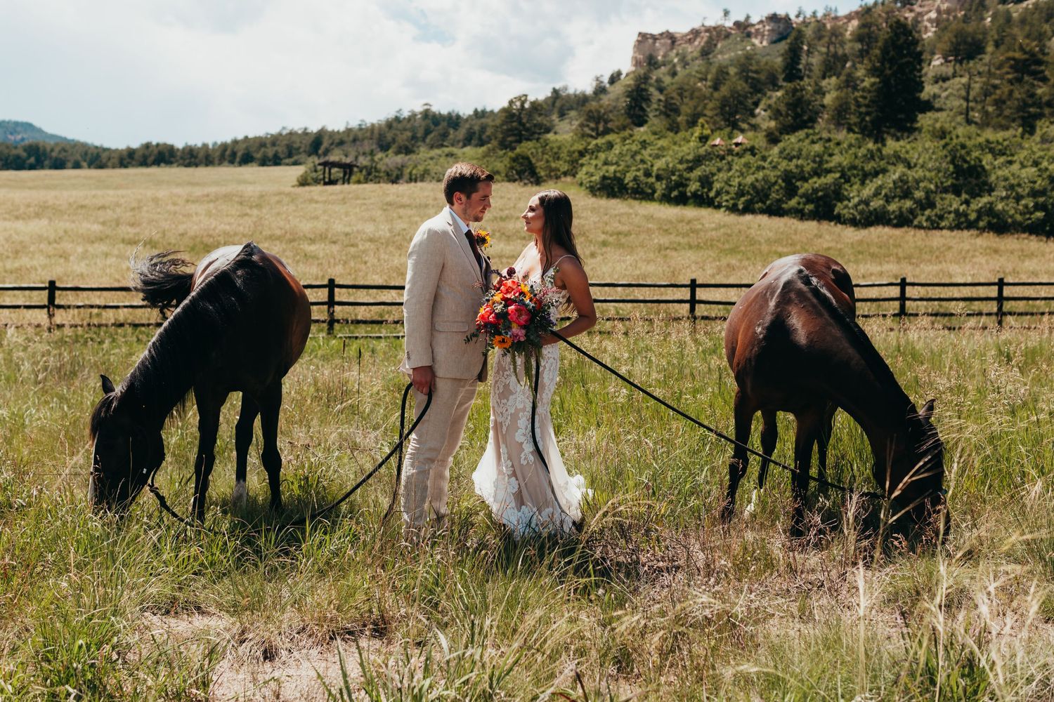 A couple shares an intimate moment between two grazing horses in a mountain field setting.