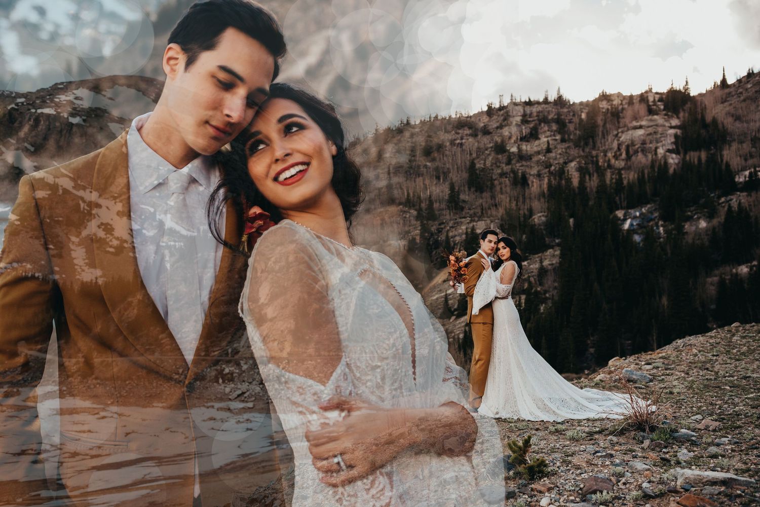 Double exposure wedding portrait with mountain landscape and flowing white dress.