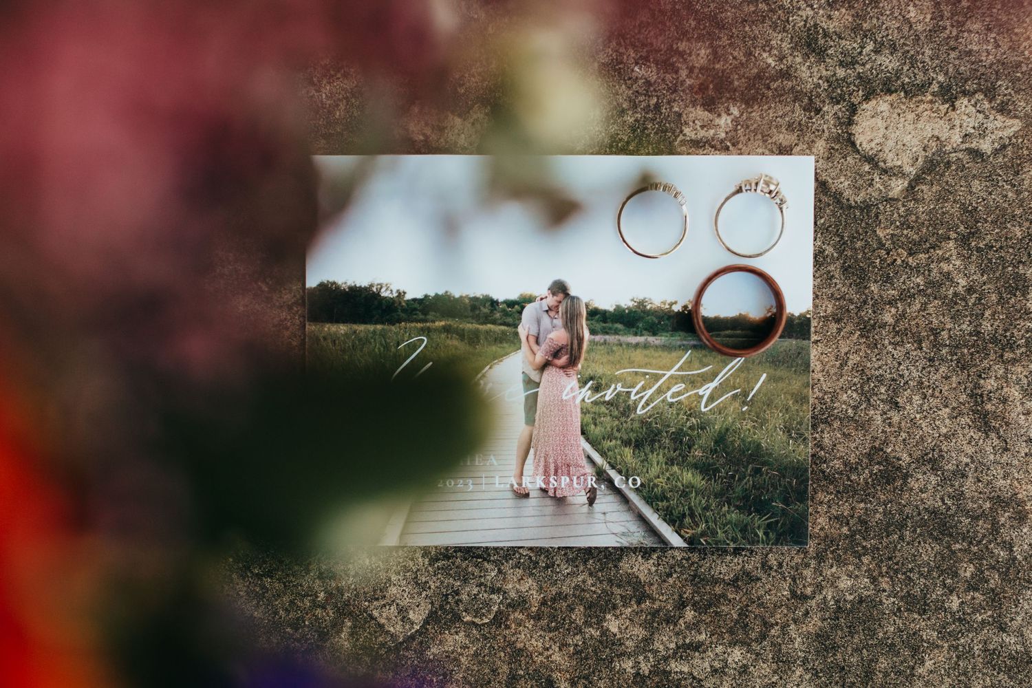 Artistic wedding photo composition with rings and a framed couple through blurred foreground elements.