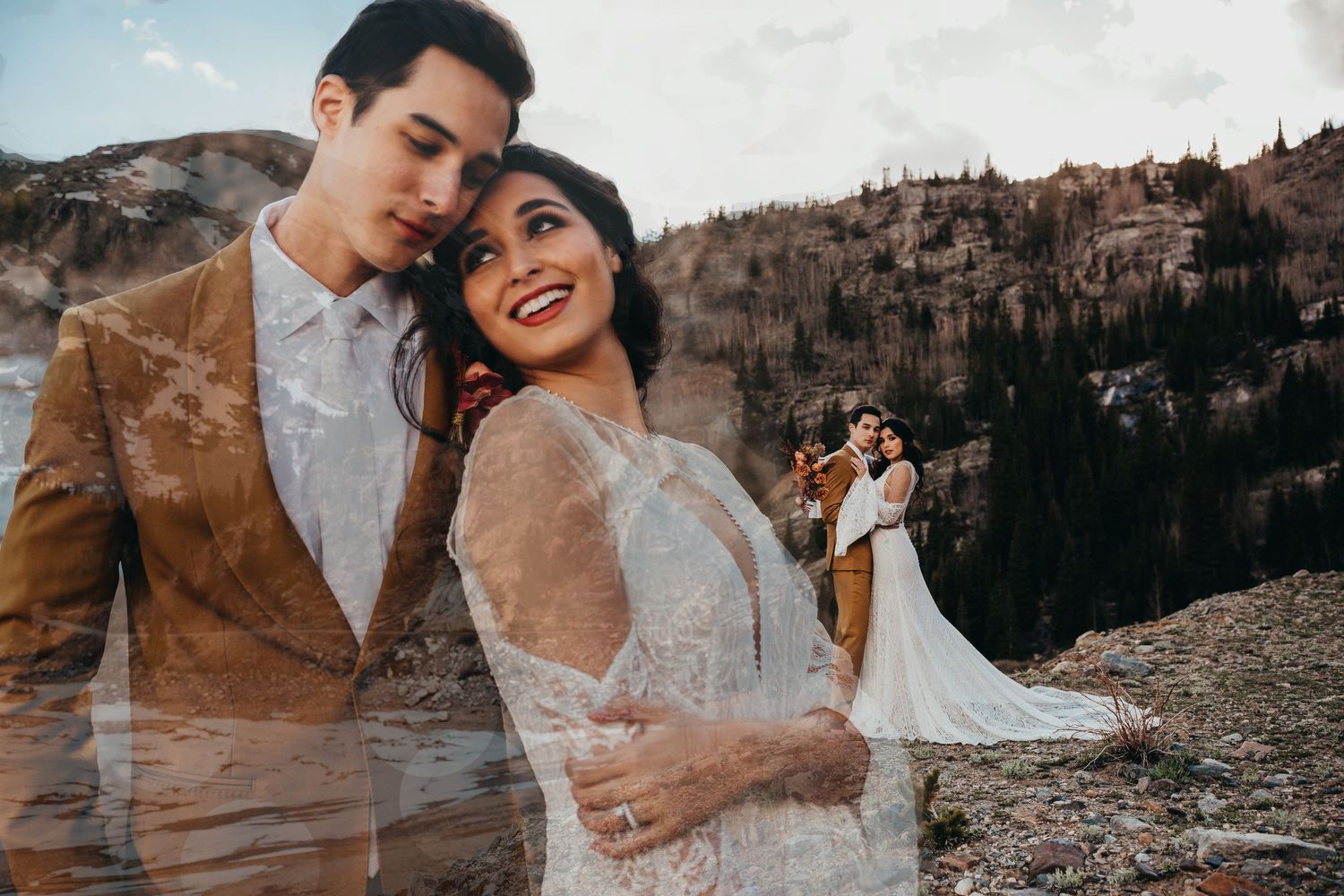 Double exposure wedding portrait with mountain landscape and pine trees.