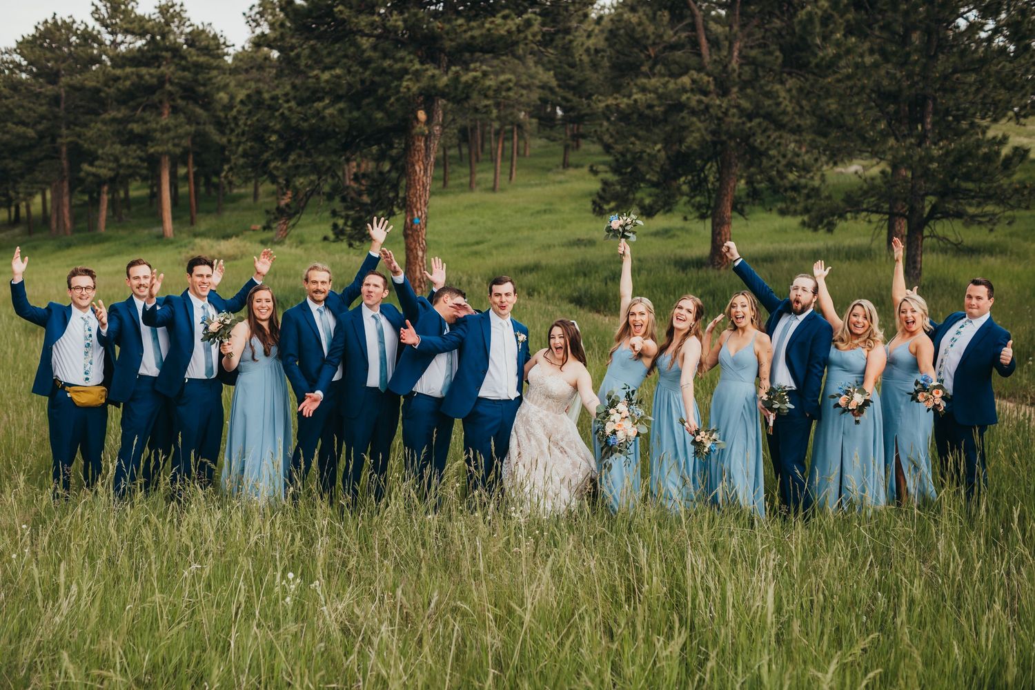 Large wedding party celebrates in an open field with pine trees and mountains in background.