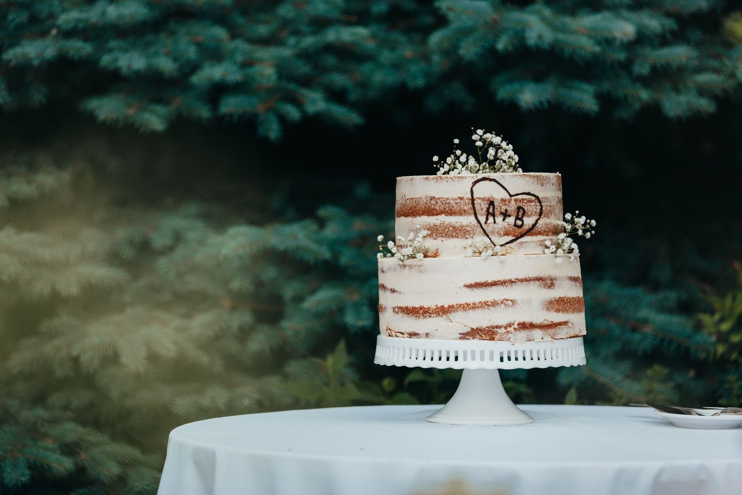 Semi-naked wedding cake with rustic topper displayed against evergreen background.