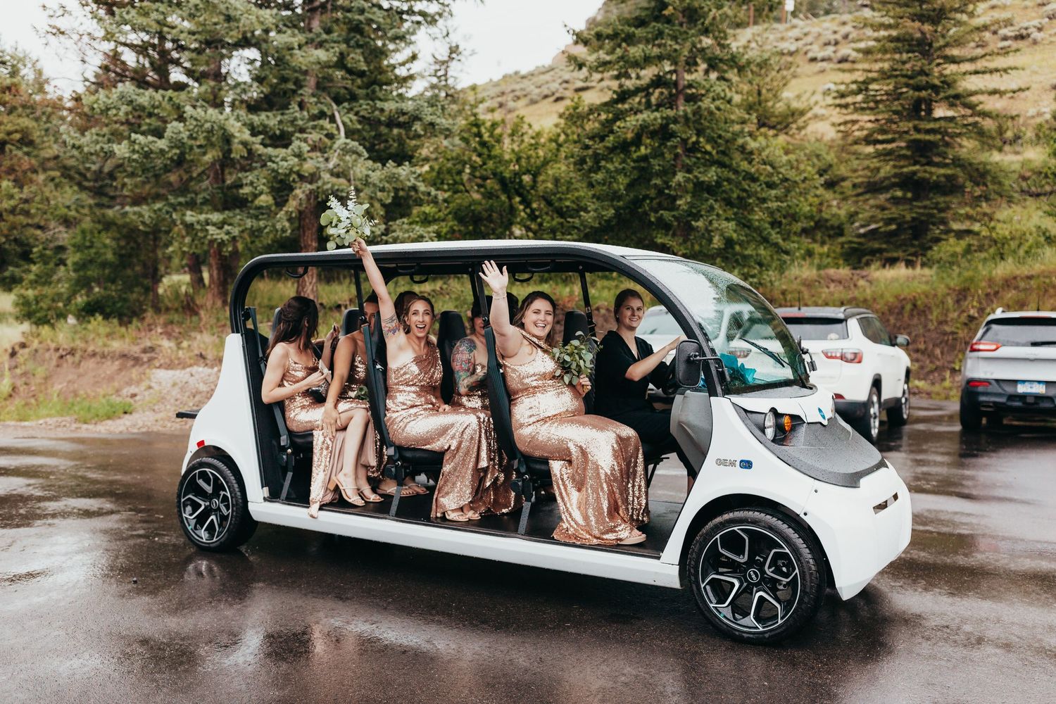 Wedding party poses together in a white electric golf cart surrounded by mountain scenery.