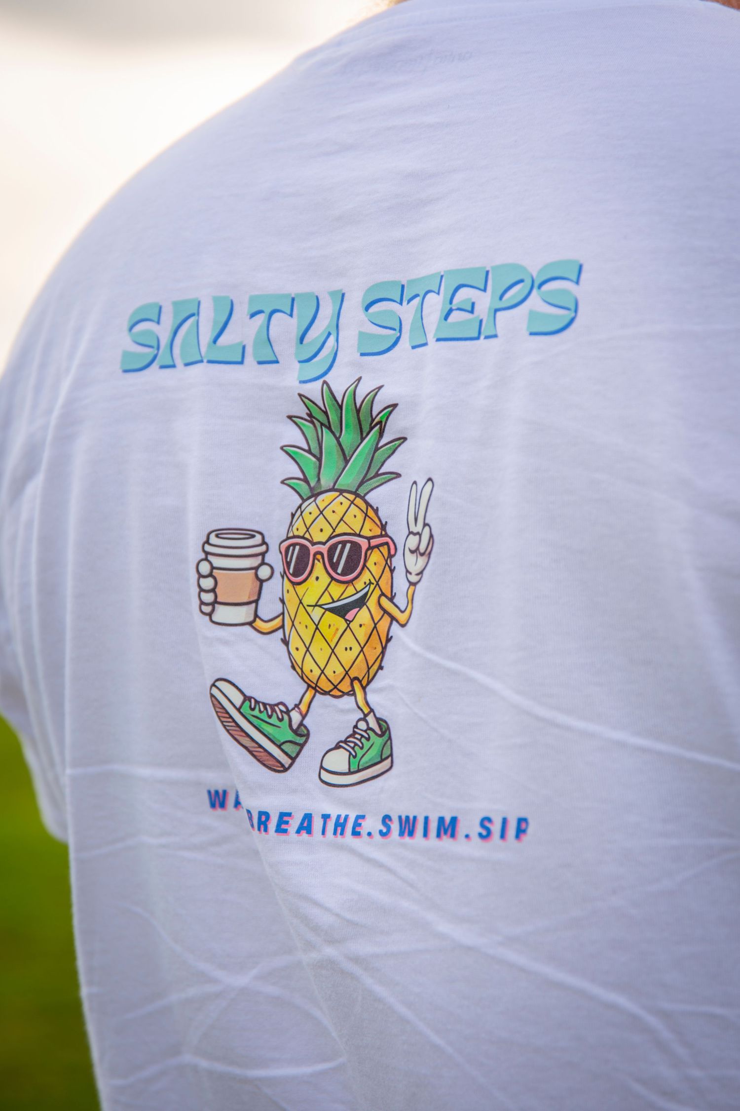 Close up of back of Salty Steps shirt