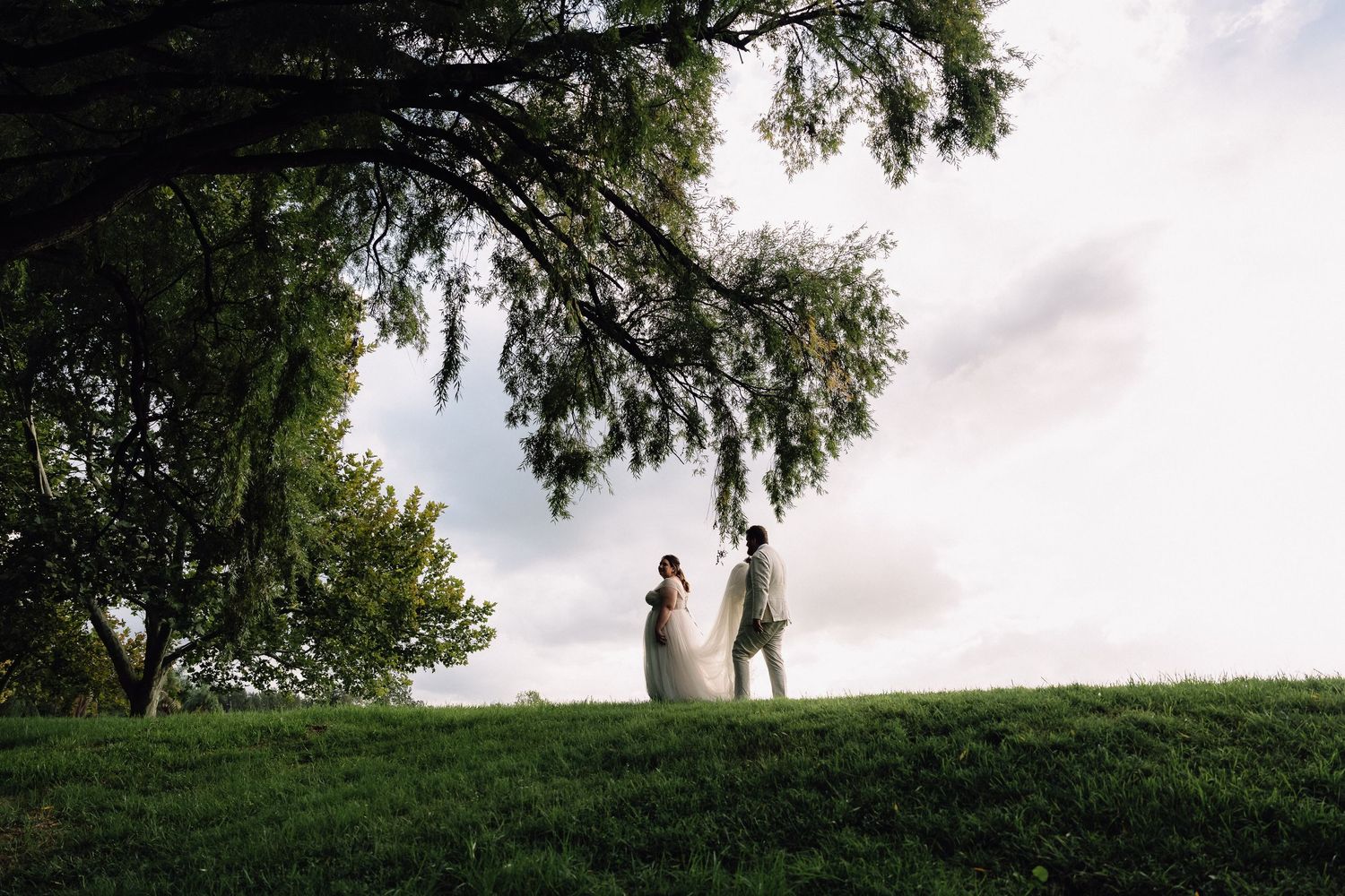 Bride and groom standing on a lush green hill beneath a large tree with a cloudy sky backdrop.