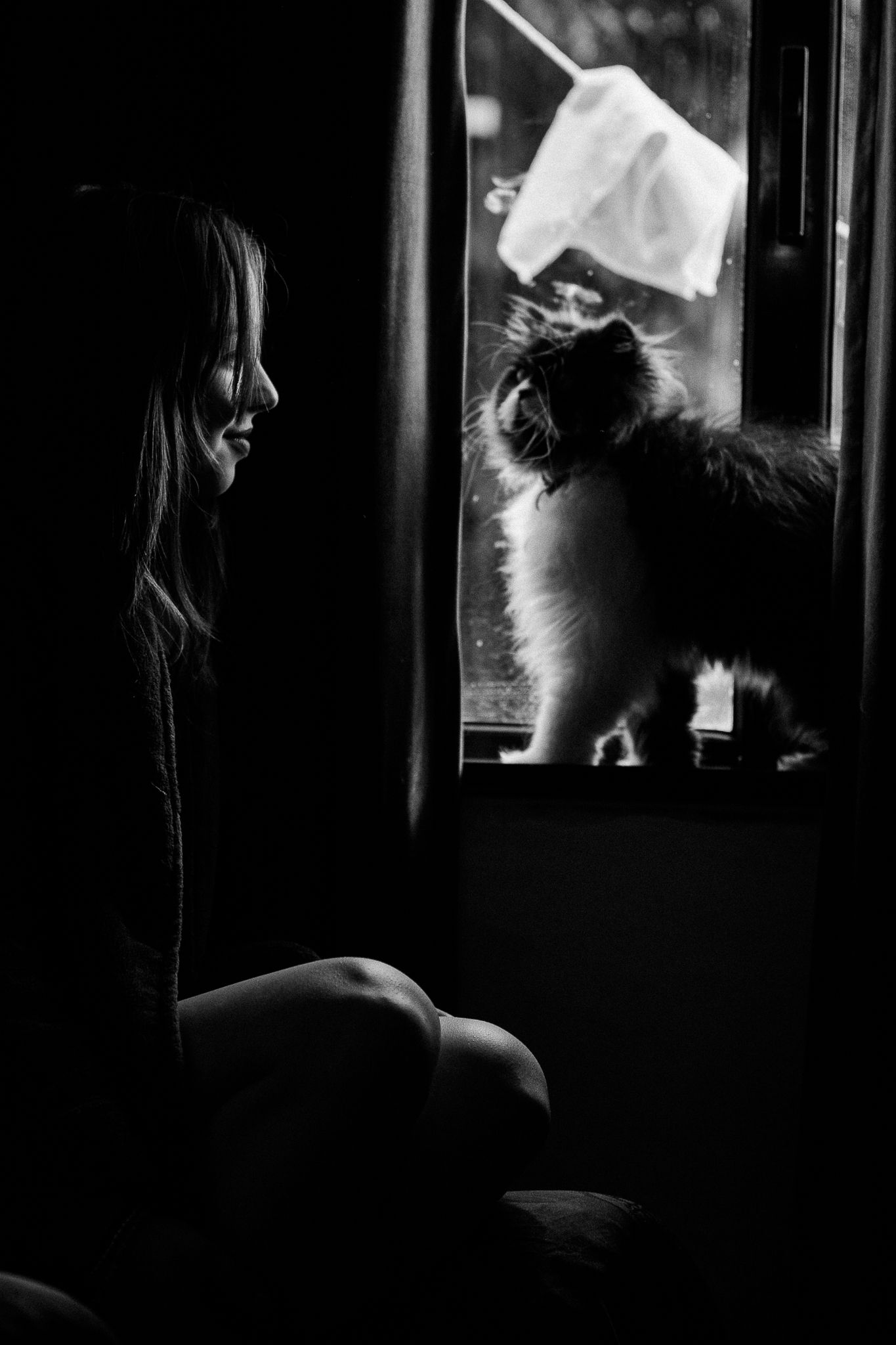 Atmospheric black and white photos capturing shadows and light through windows.