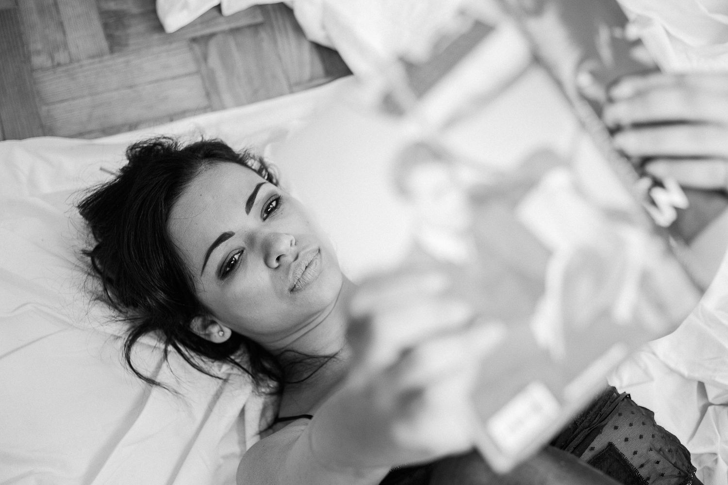 Dreamy black and white series with soft shadows and natural window light.