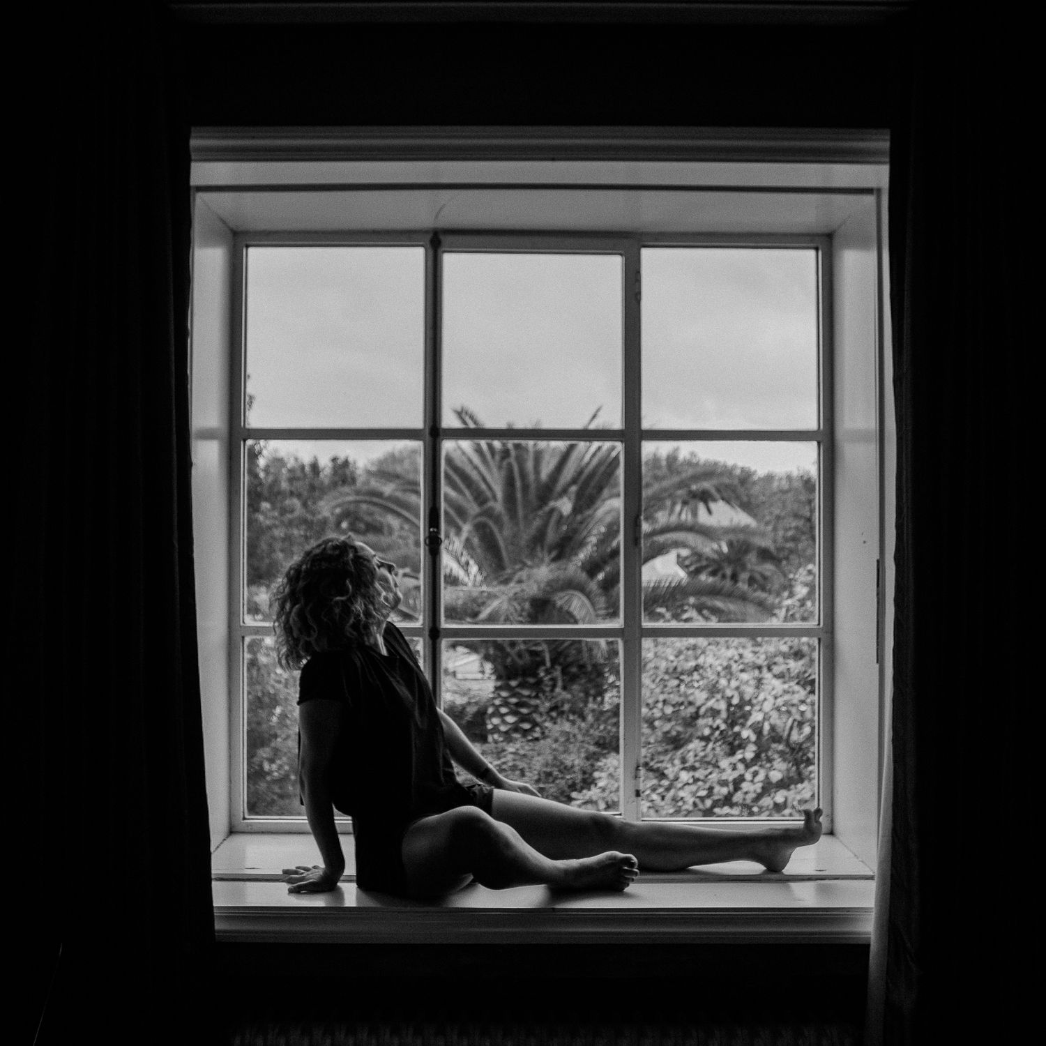Silhouetted figure sits by window in dark room with palm trees visible through glass panes.
