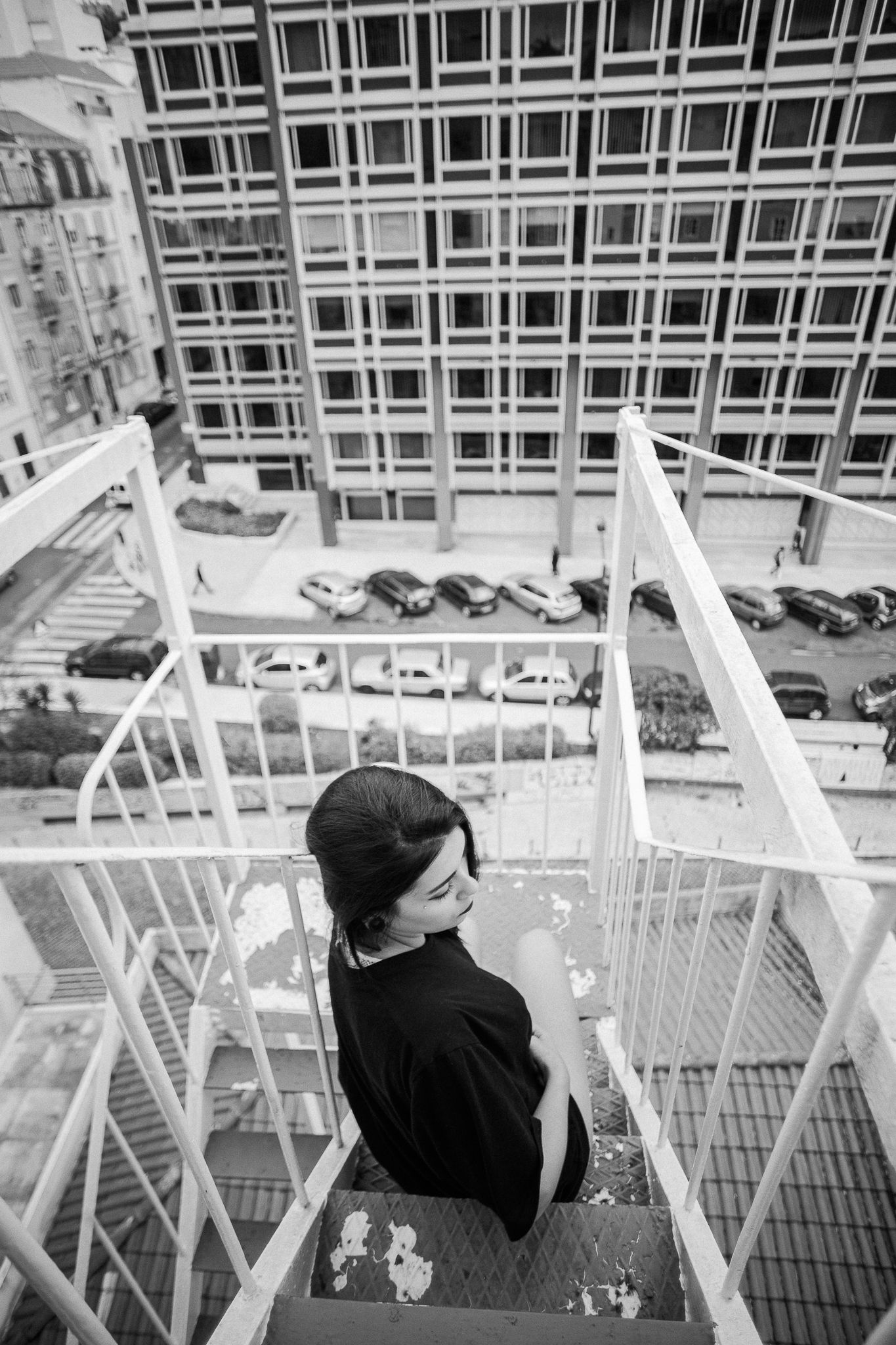 Black and white urban rooftop series showing architectural elements and geometric patterns.