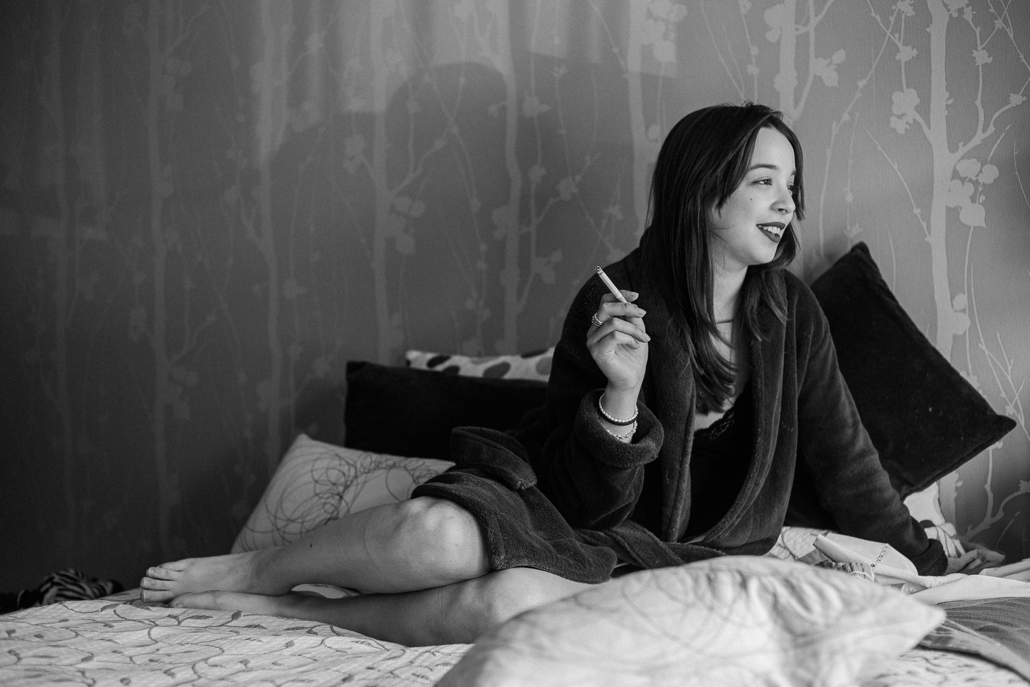 Lifestyle photography sequence showing relaxed moments in black and white.