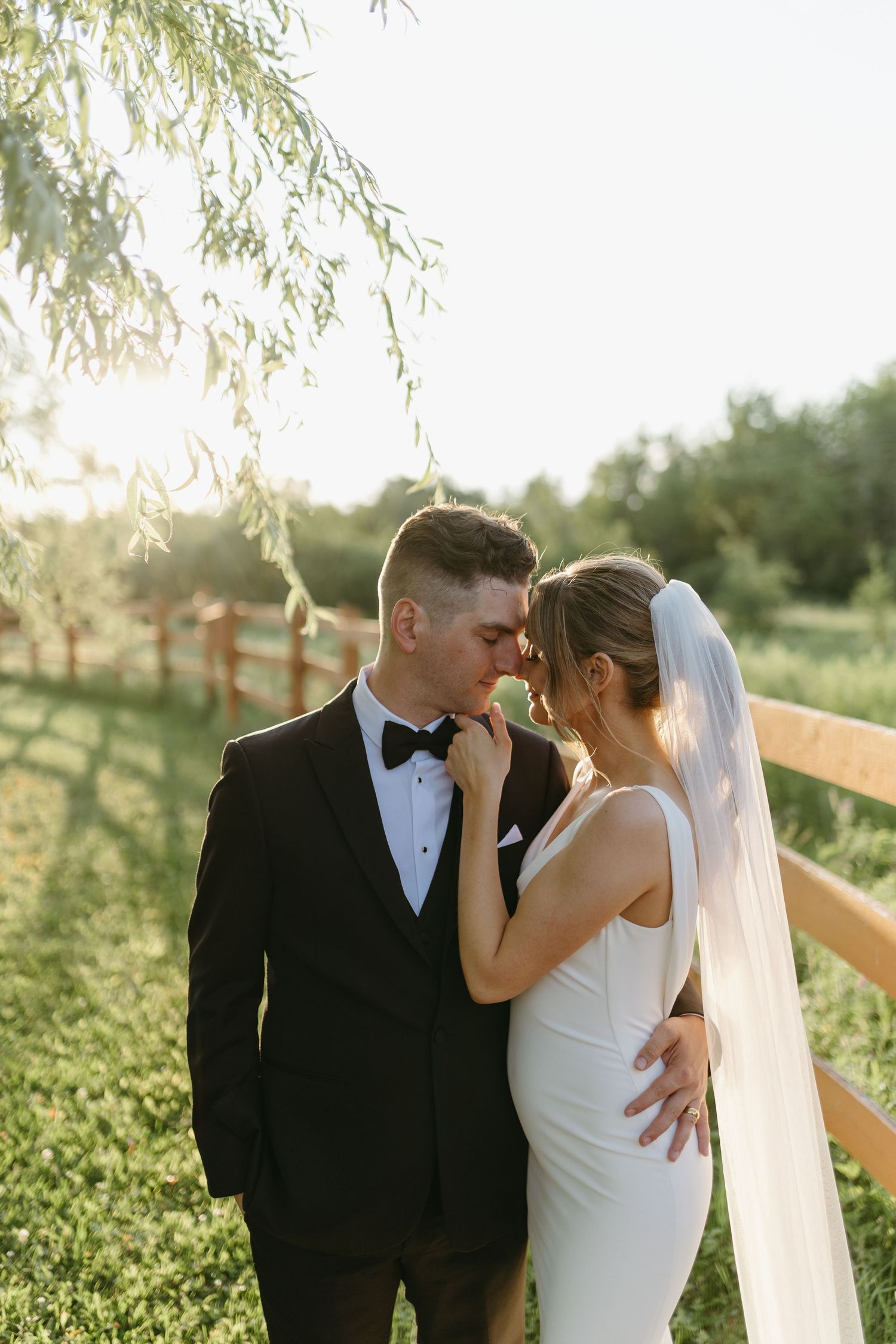 Romantic wedding couple embraces in a sunlit garden with willow trees and greenery in the background.