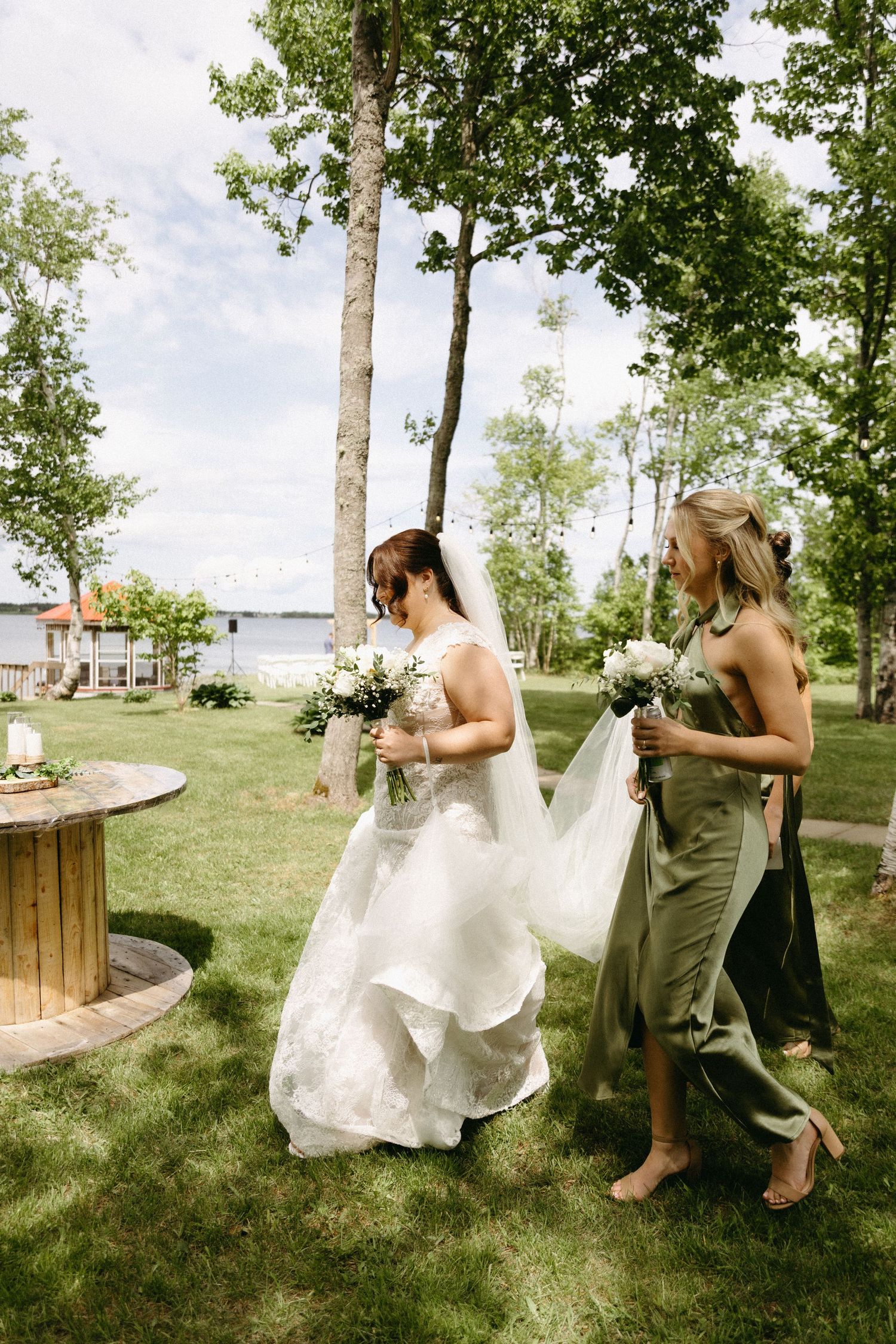 A series of photos showing people in wedding attire walking and posing in a grassy outdoor setting with trees.