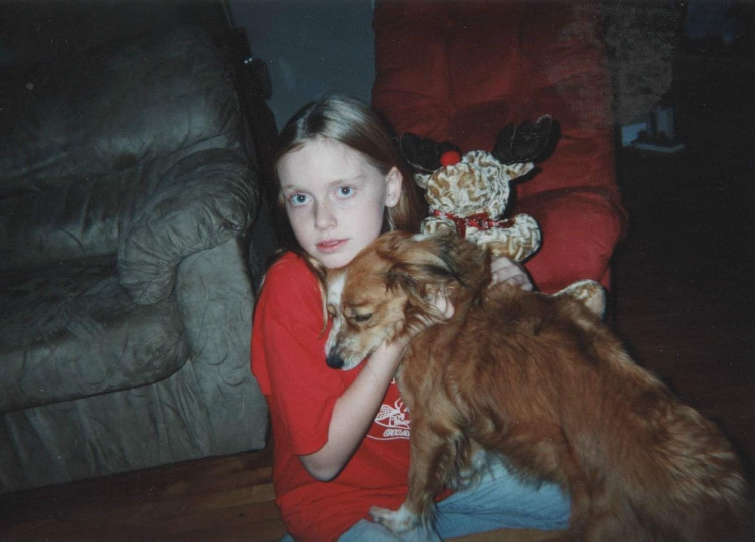 A young person in a red shirt sits on a couch with a brown dog resting on their lap.
