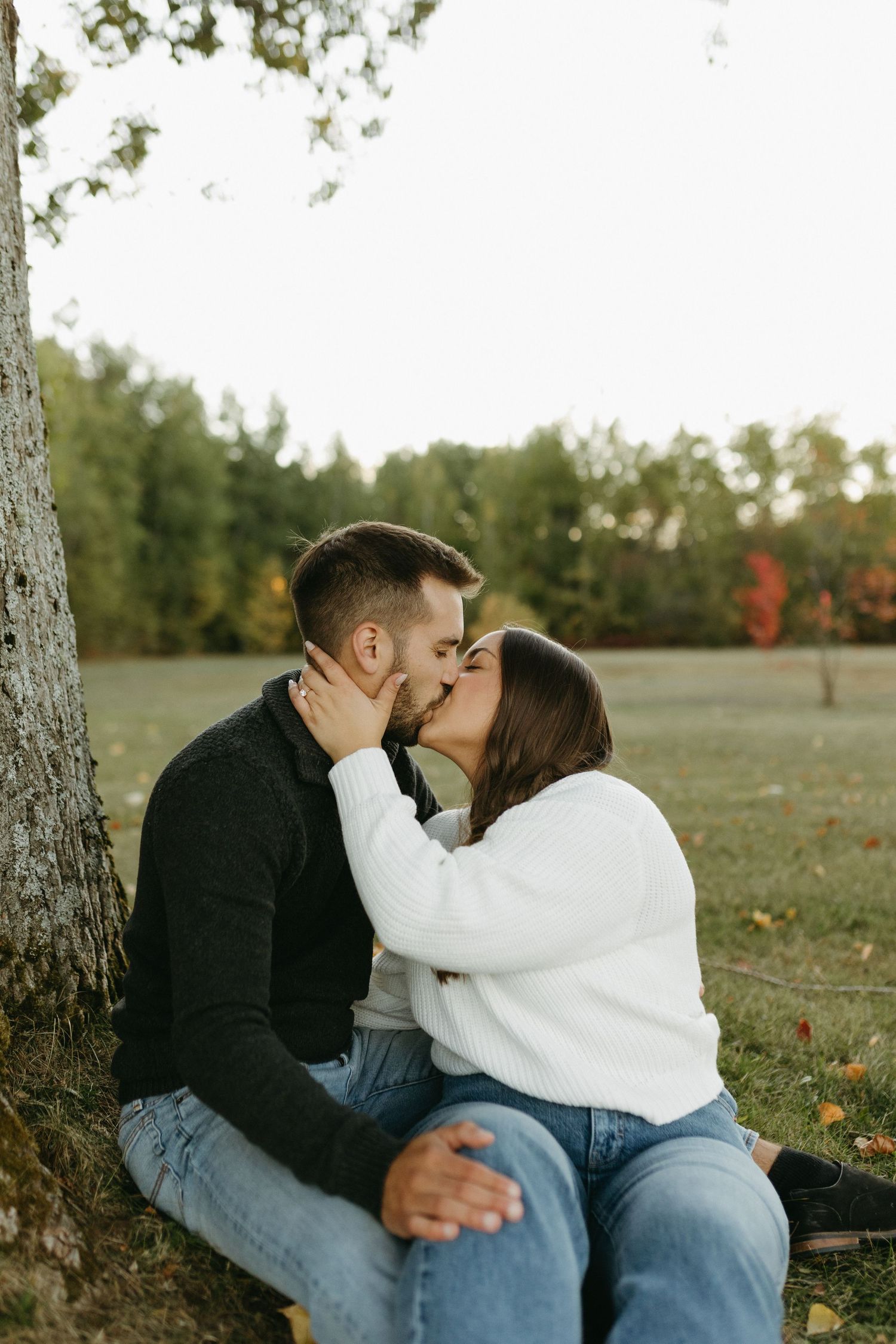 A couple shares an intimate kiss while sitting beneath birch trees in an autumn field during golden hour.