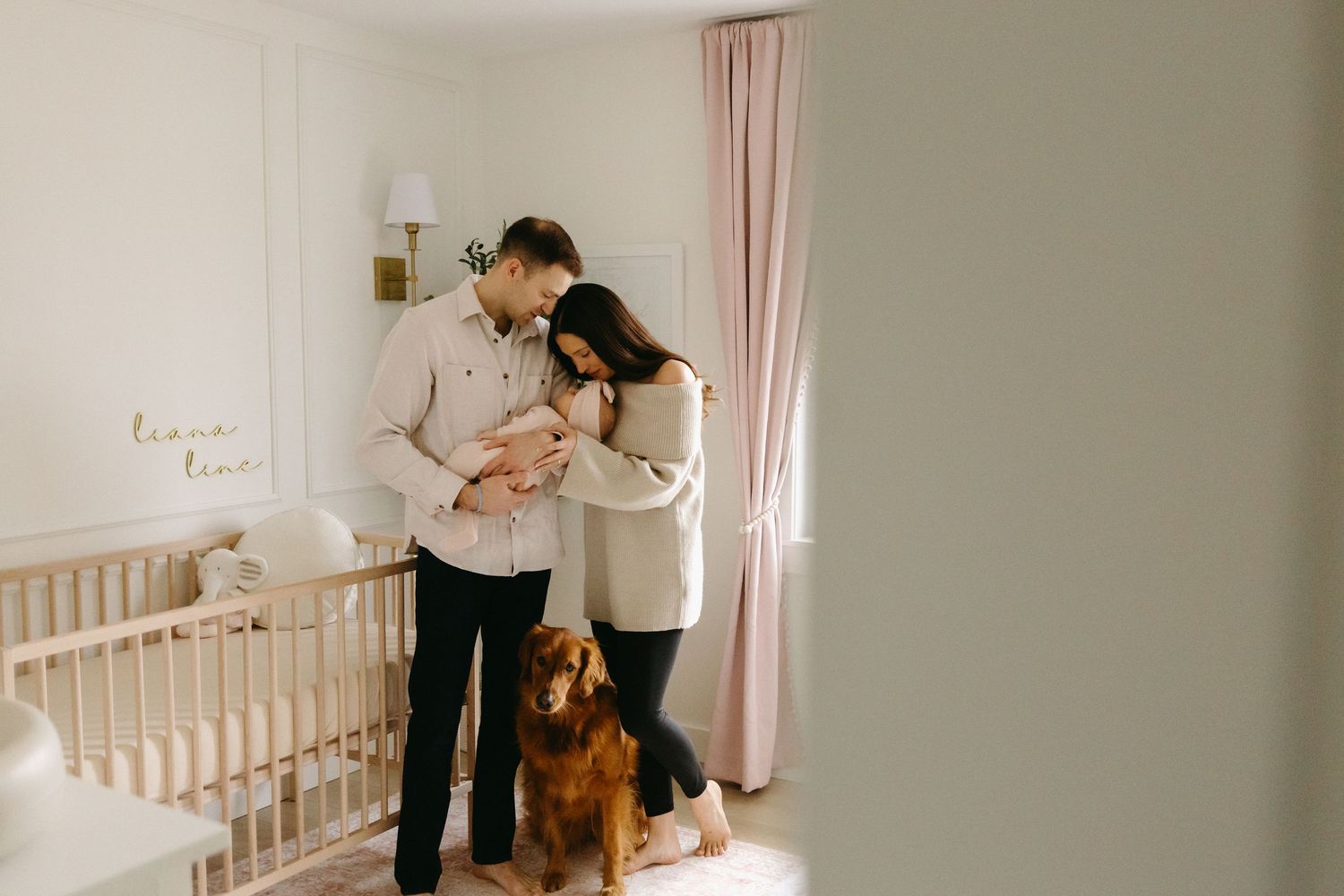 A couple stands together in a nursery room with their brown dog while looking down at their newborn baby.