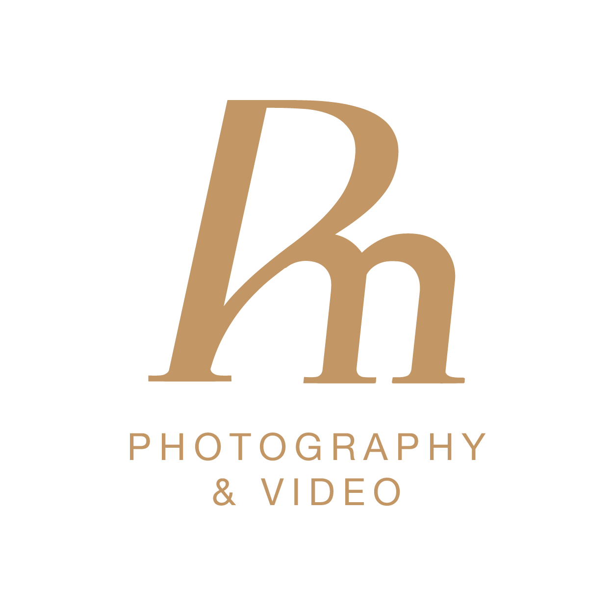 Gold elegant RM Photography & Video logo with serif monogram letters on white background.