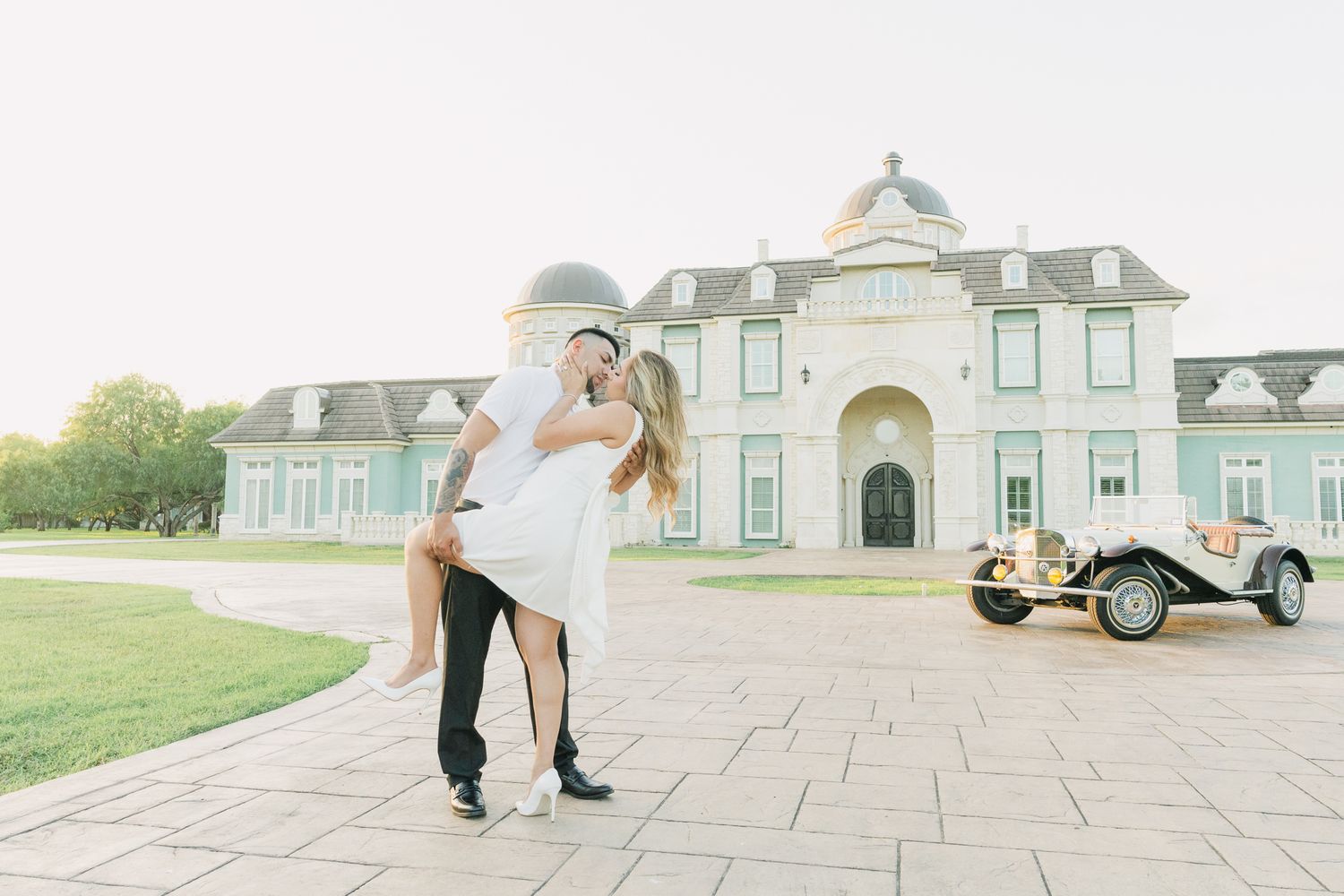 Romantic wedding photo sequence with a grand estate building in the background.