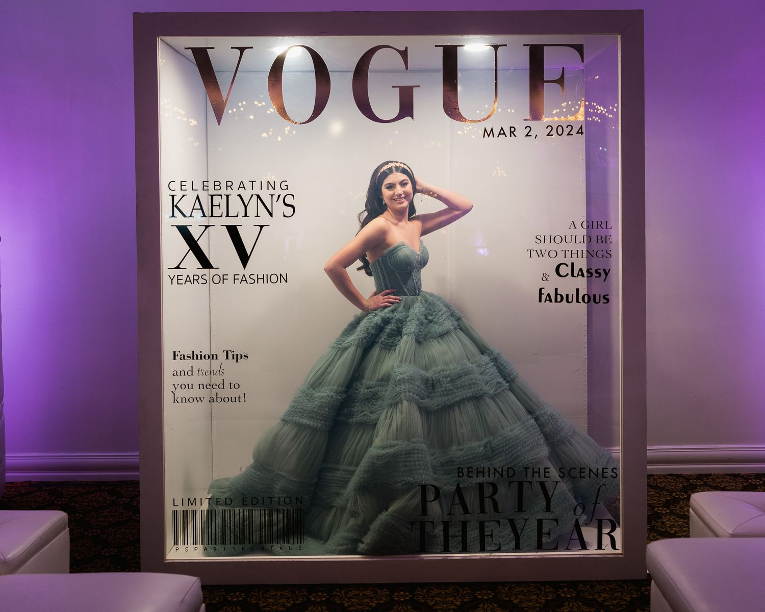 Magazine covers displayed with purple lighting showing formal gowns and fashion layouts.