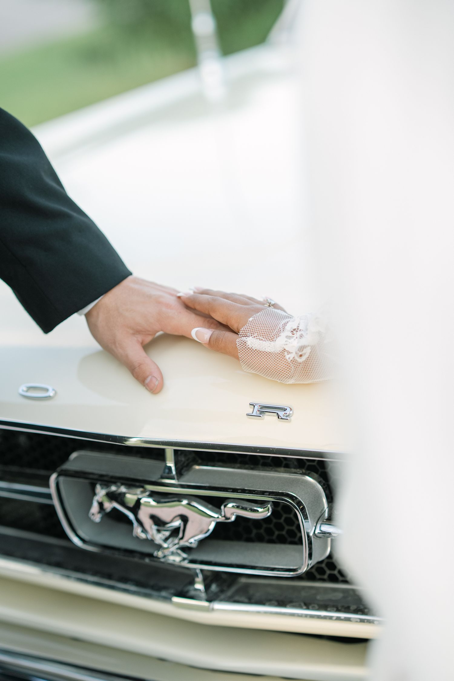 Hand placing a glass on a classic Mustang car with iconic horse emblem visible.
