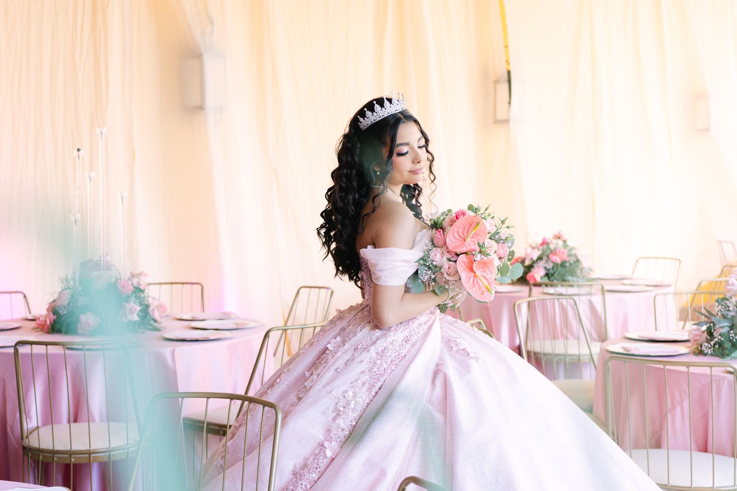 A series of dreamlike pastel photographs featuring a bride in white gown against soft pink background.