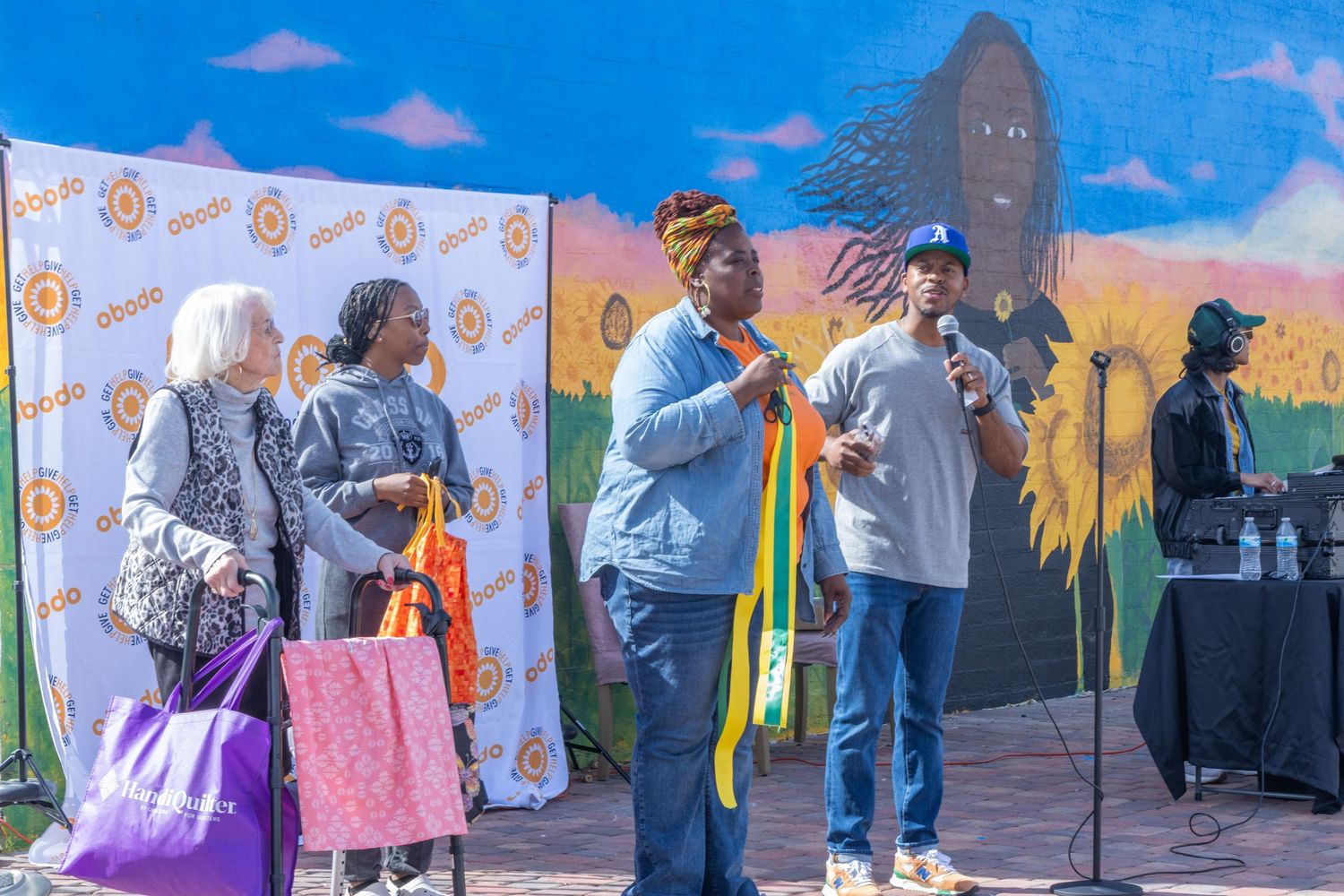 A colorful photo series of people attending a festive outdoor event with decorative banners and balloons in the background.