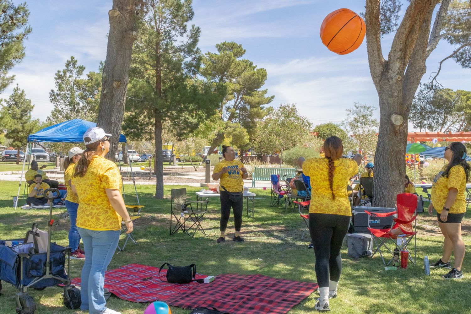 Outdoor park gathering with exercise equipment and scattered picnic blankets under shady trees.