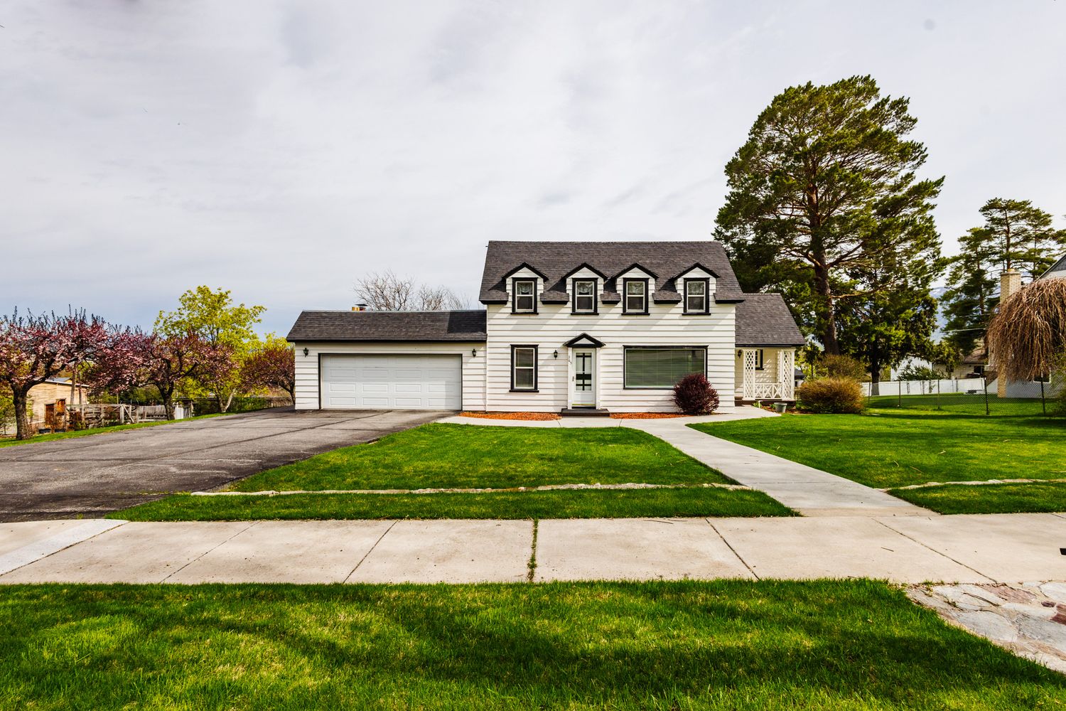 Expansive front lawn and driveway of a modern farmhouse style home.