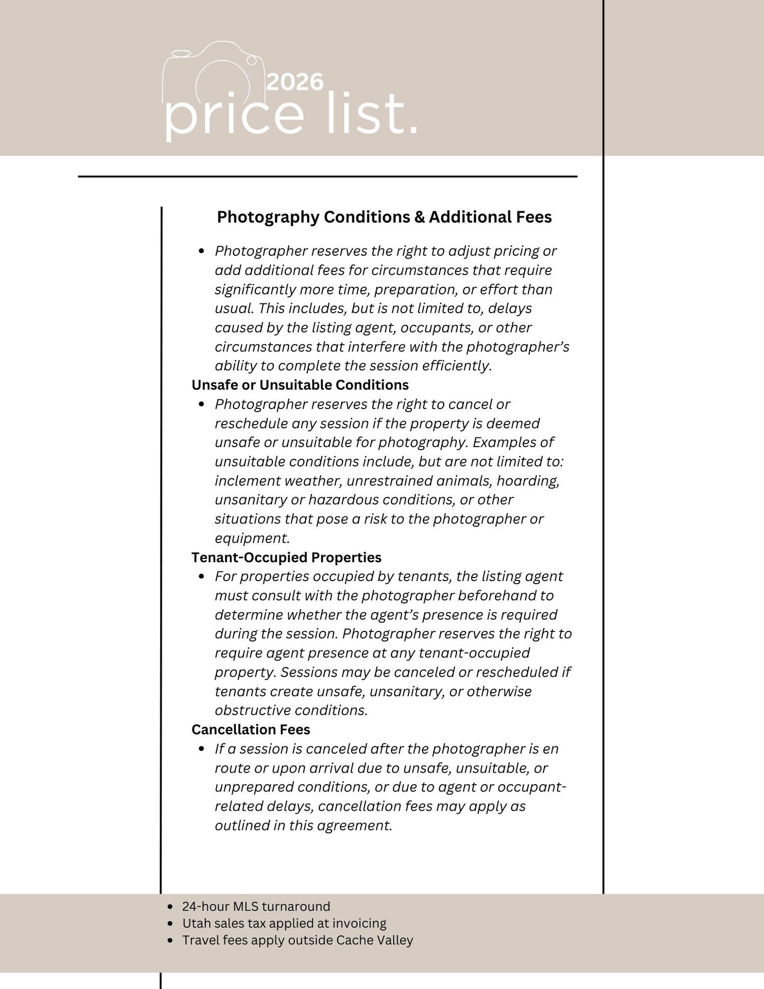 2026 photography price list detailing conditions, additional fees, cancellation policies, and MLS turnaround information.