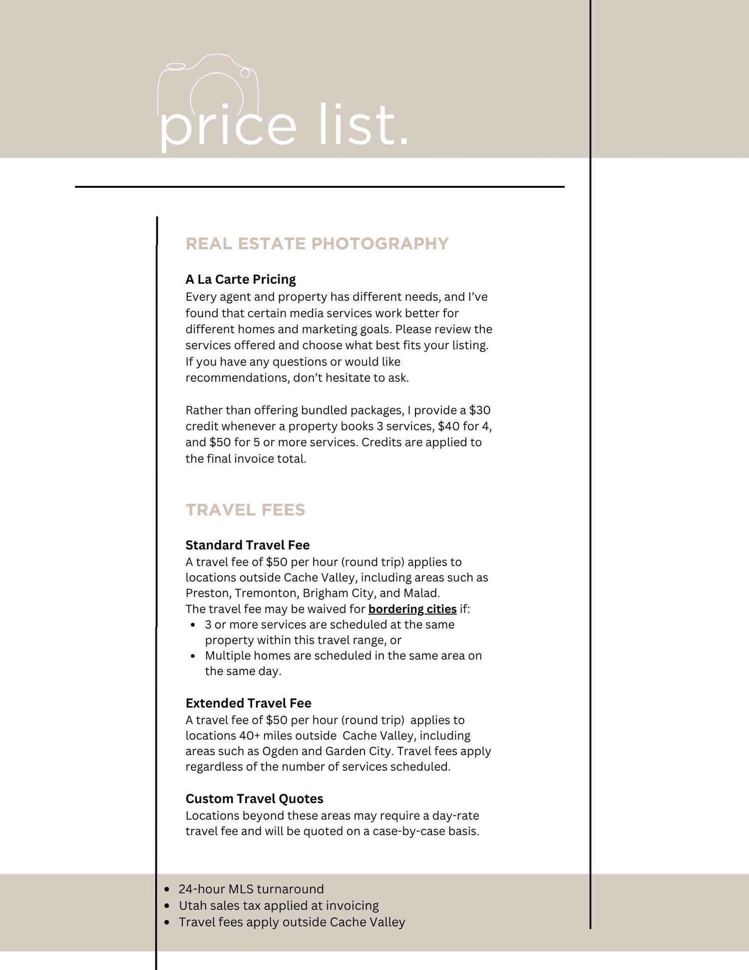 Real estate photography price list showing a la carte pricing and travel fees for professional property shoots.