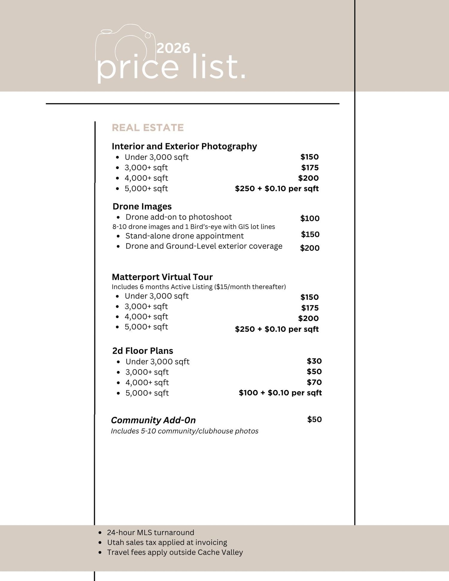 2026 real estate photography price list featuring interior, exterior, drone, Matterport, and floor plan pricing tiers.