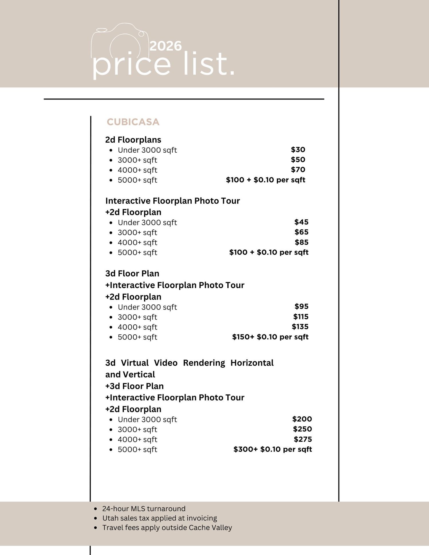 2026 CubicCasa real estate floor plan photography price list showing 2D, 3D, and virtual rendering service tiers by square footage.