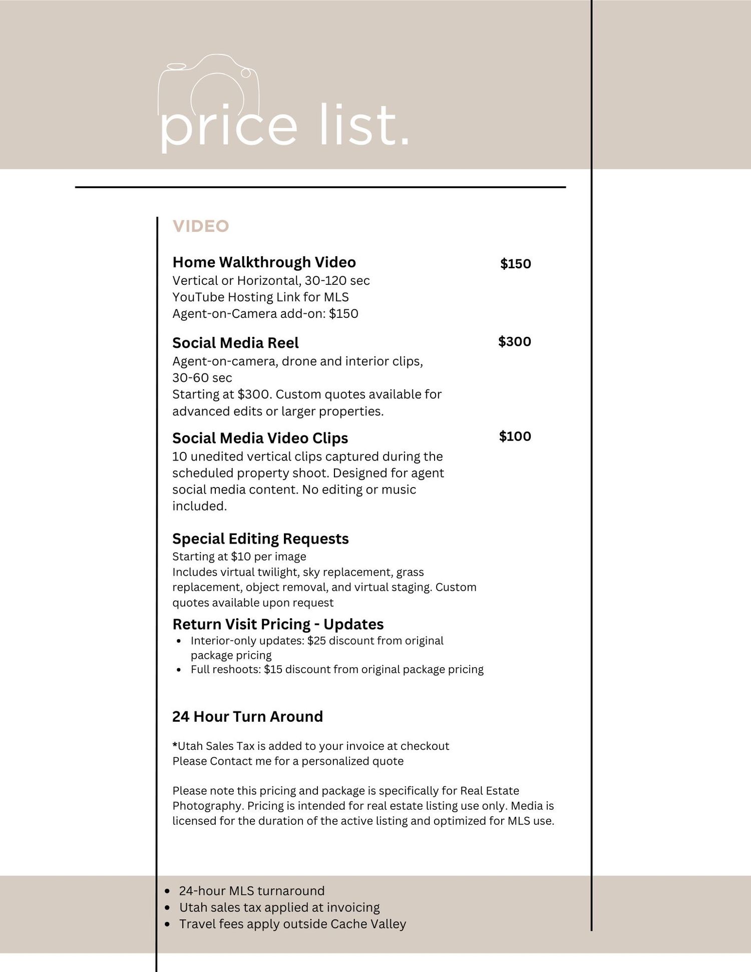 Professional real estate videography price list featuring walk-through videos, social media reels, and 24-hour turnaround.